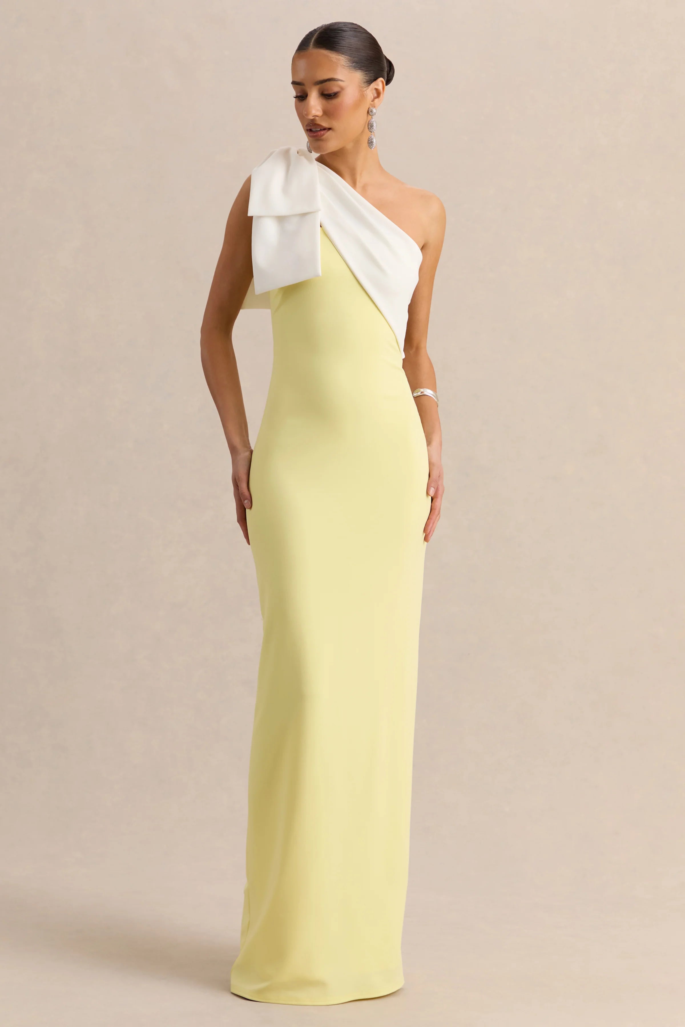 Adara Lemon White Asymmetric Neck Maxi Dress With Bow Detail
