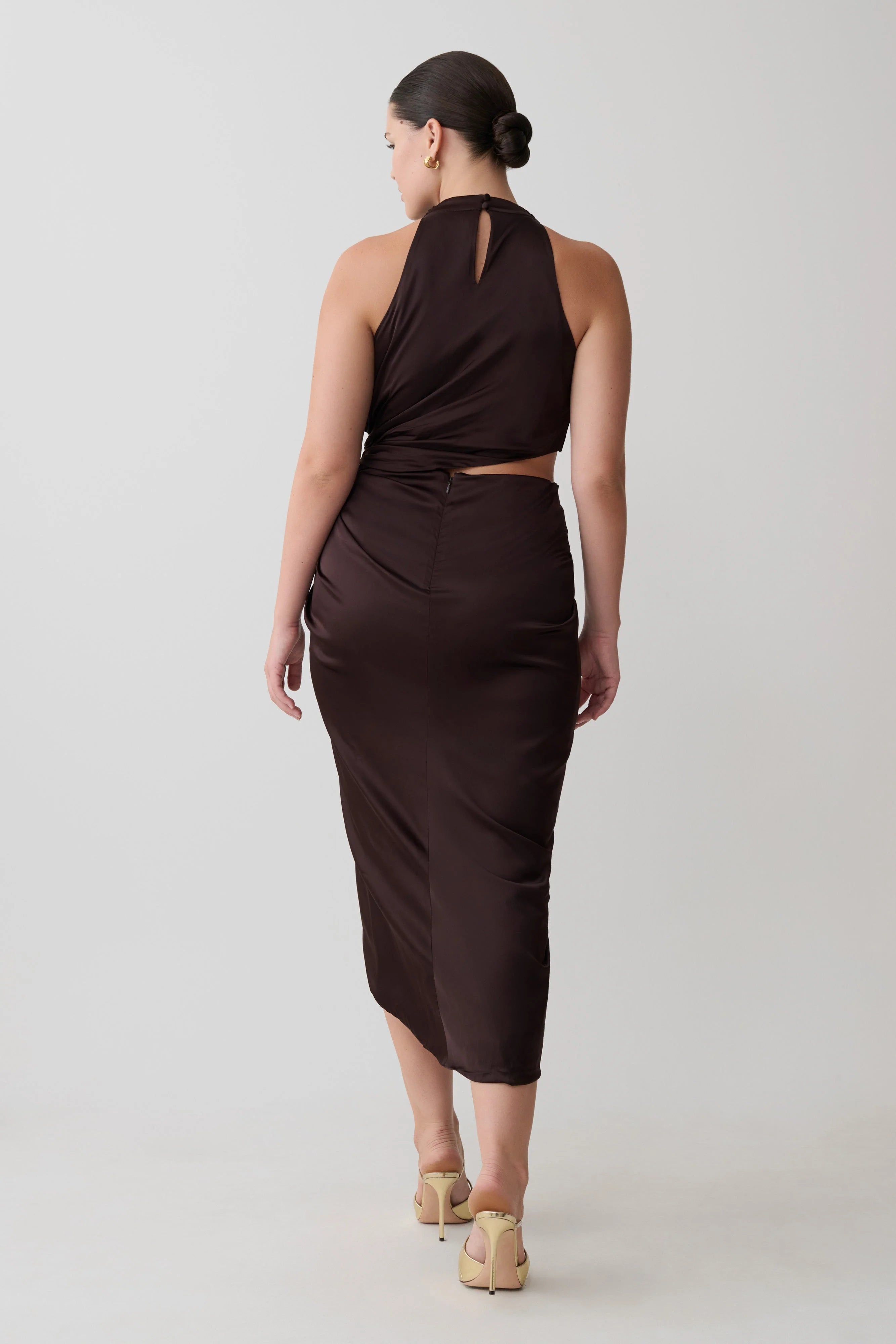 Aveline Draped Halter Midi Dress Dark Chocolate