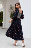 Women Floral Embroidered Maxi Dress Long Puff Sleeve Square Neck Bohemian Flowy Dress with Pockets Summer Fall