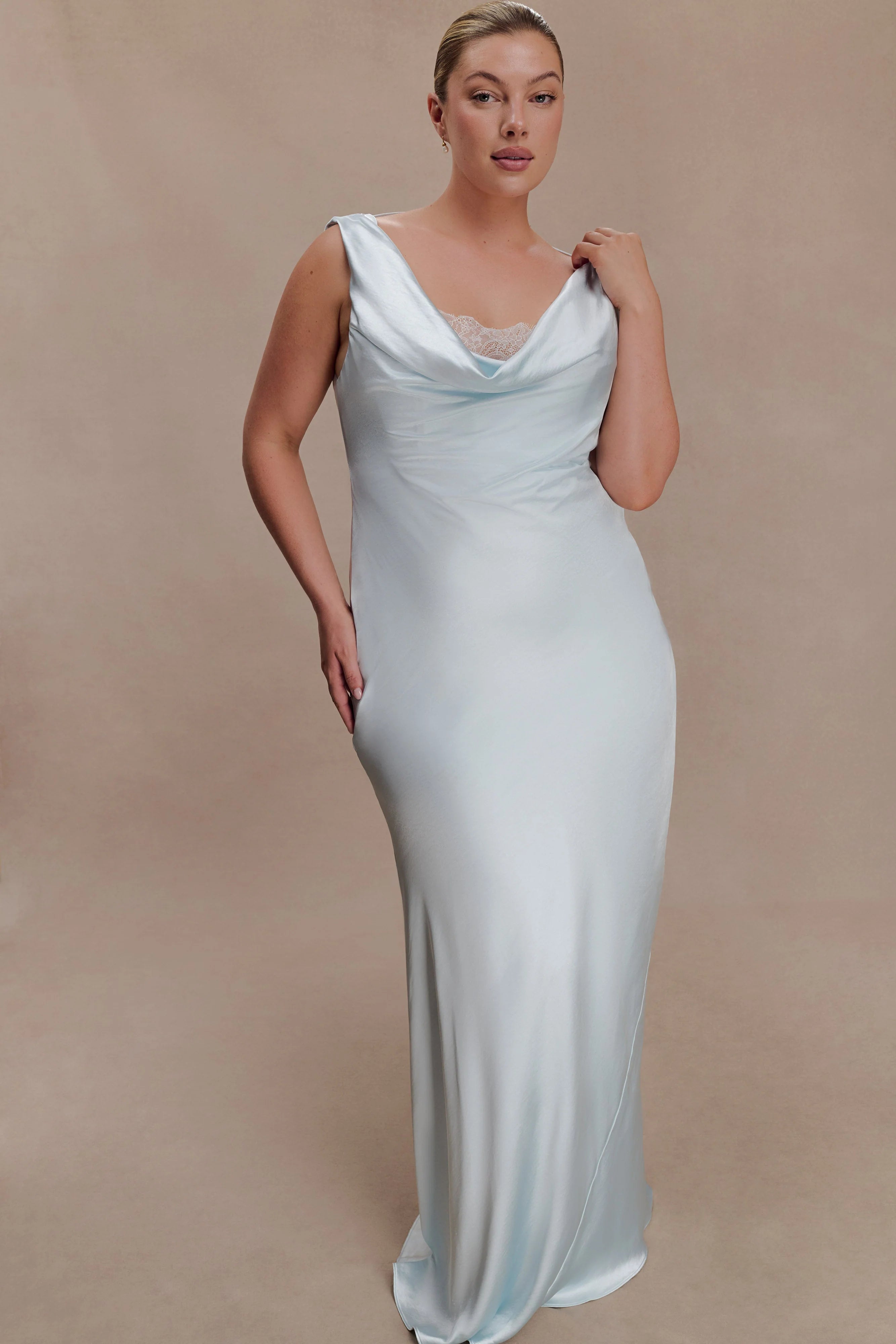Ashley Cowl Neck Lace And Satin Maxi Dress Ice Blue