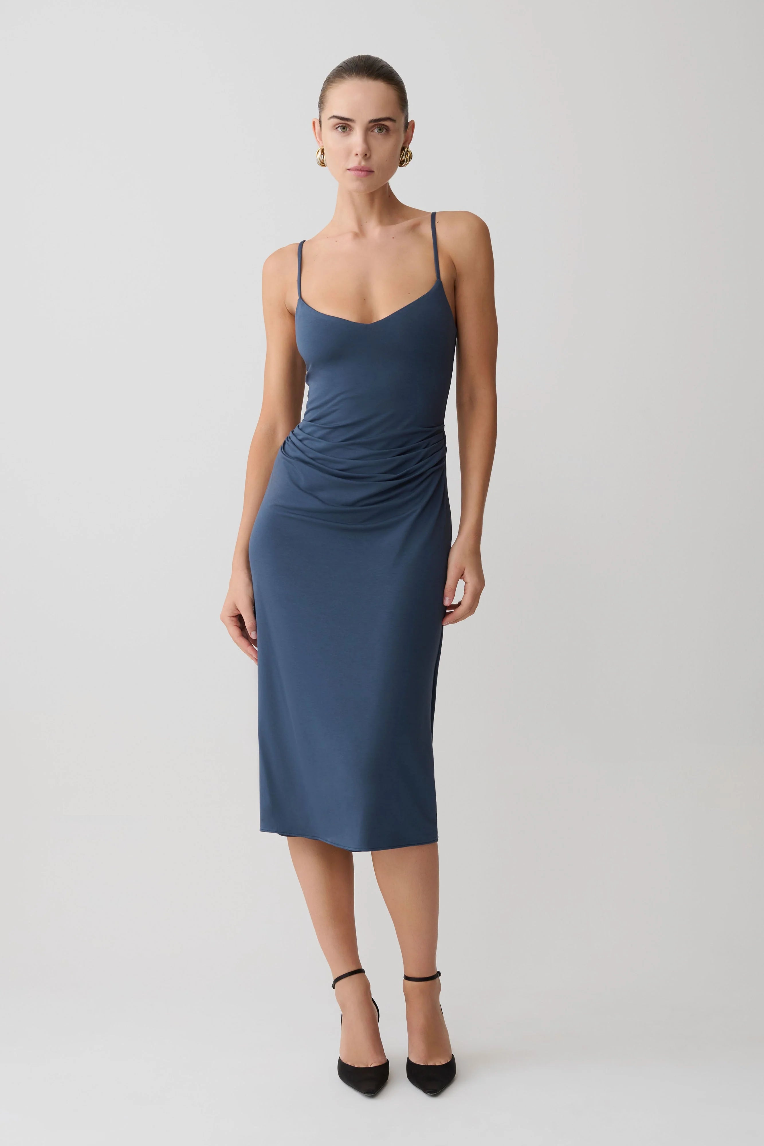 Vina Gathered Jersey Midi Dress Ink Blue