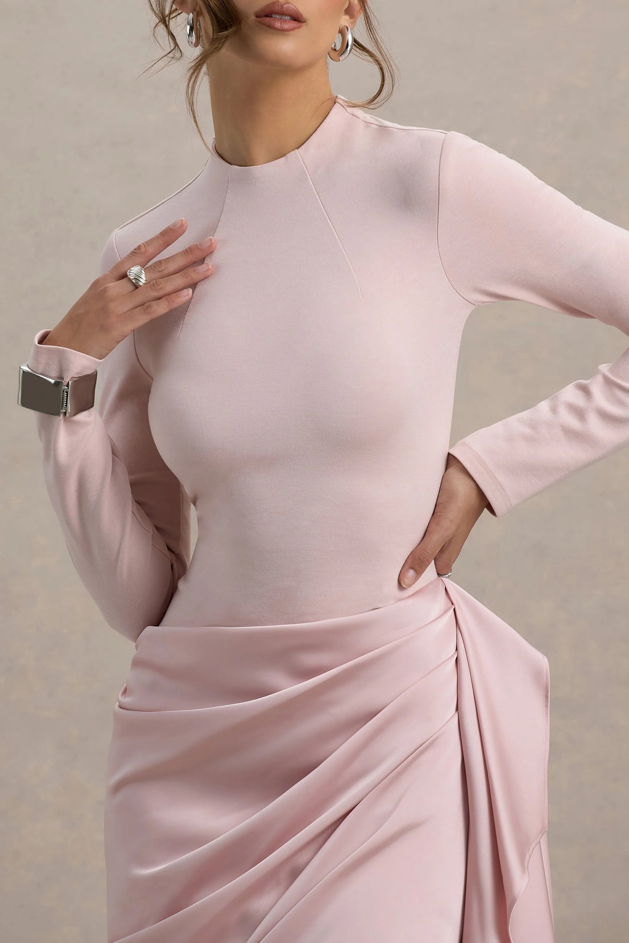 Raffie Pink Long Sleeve Midi Dress With Satin Wrap Skirt