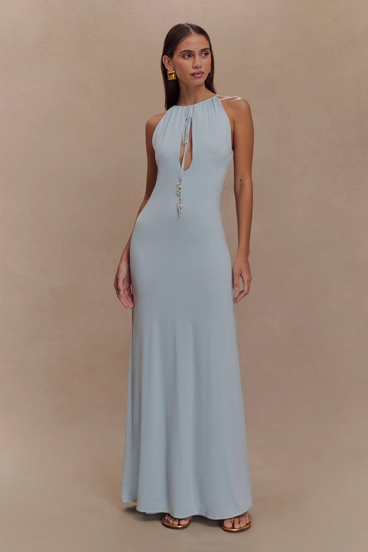 Beryl Slinky Maxi Dress With Pearls Pale Blue
