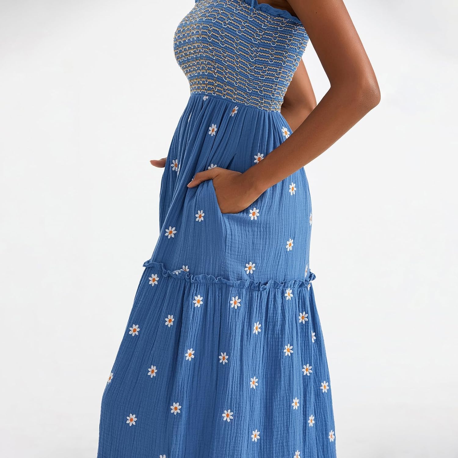 Women Floral Embroidered Maxi Dress Sleeveless Tie Shoulder Smocked Flowy Dress Boho Summer Sundresses with Pockets