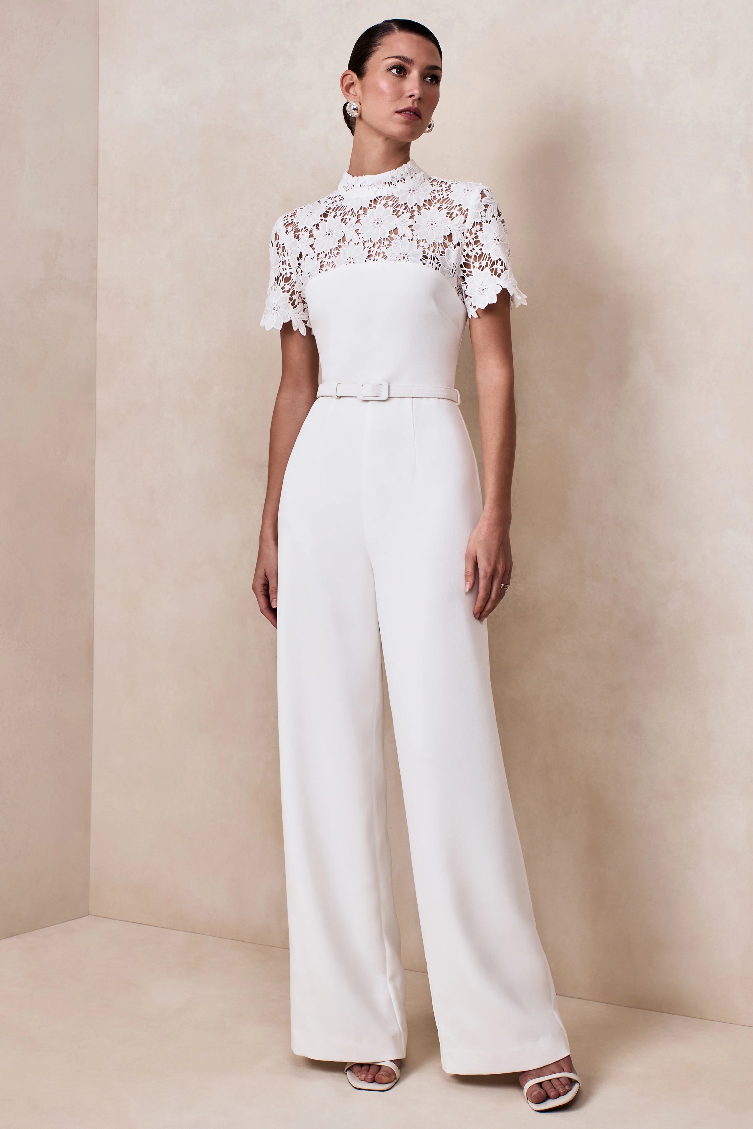 Liliana White High Neck Jumpsuit With Lace Detailing