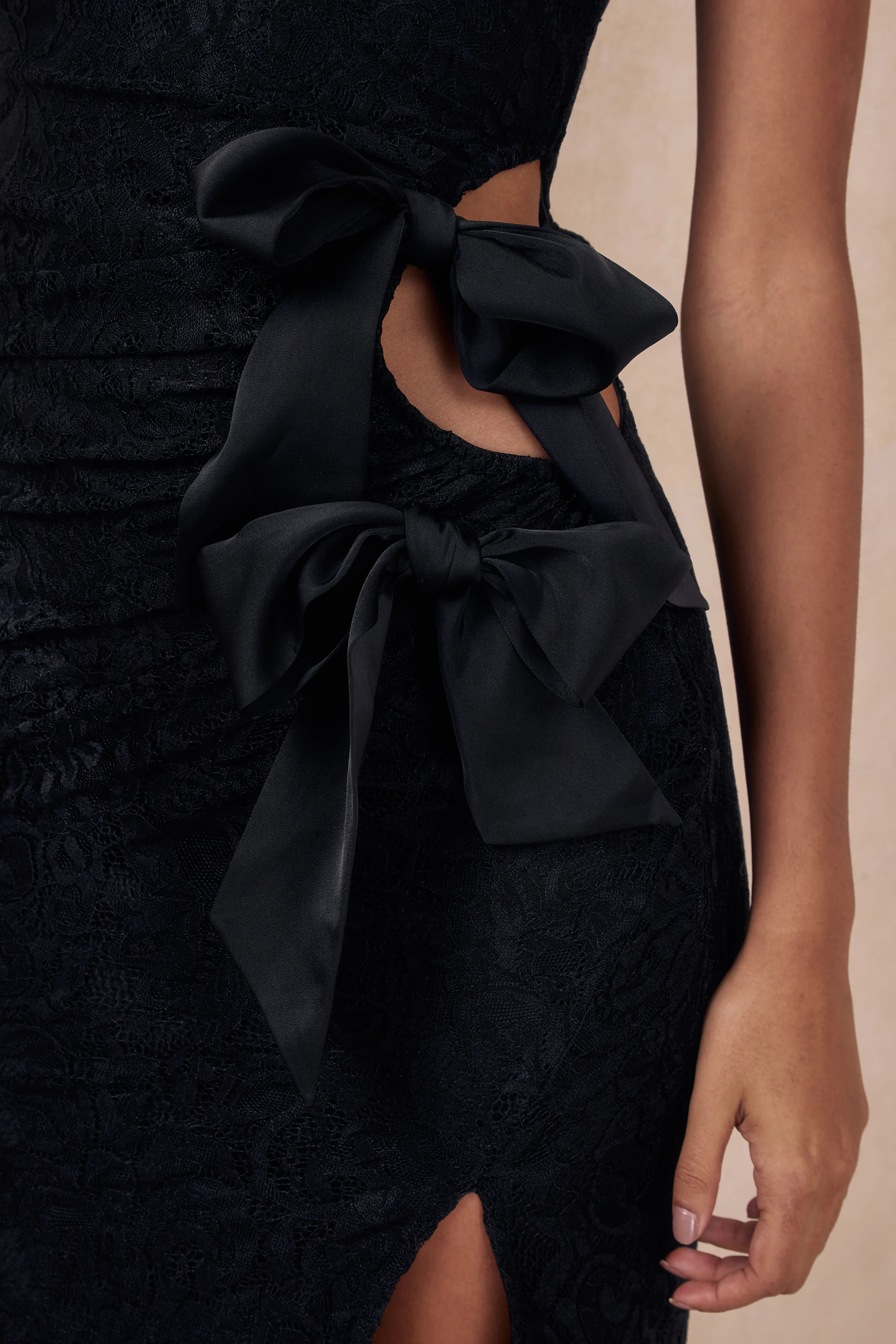 Norna Black Lace Asymmetric Neck Maxi Dress With Cut Out And Bow Details