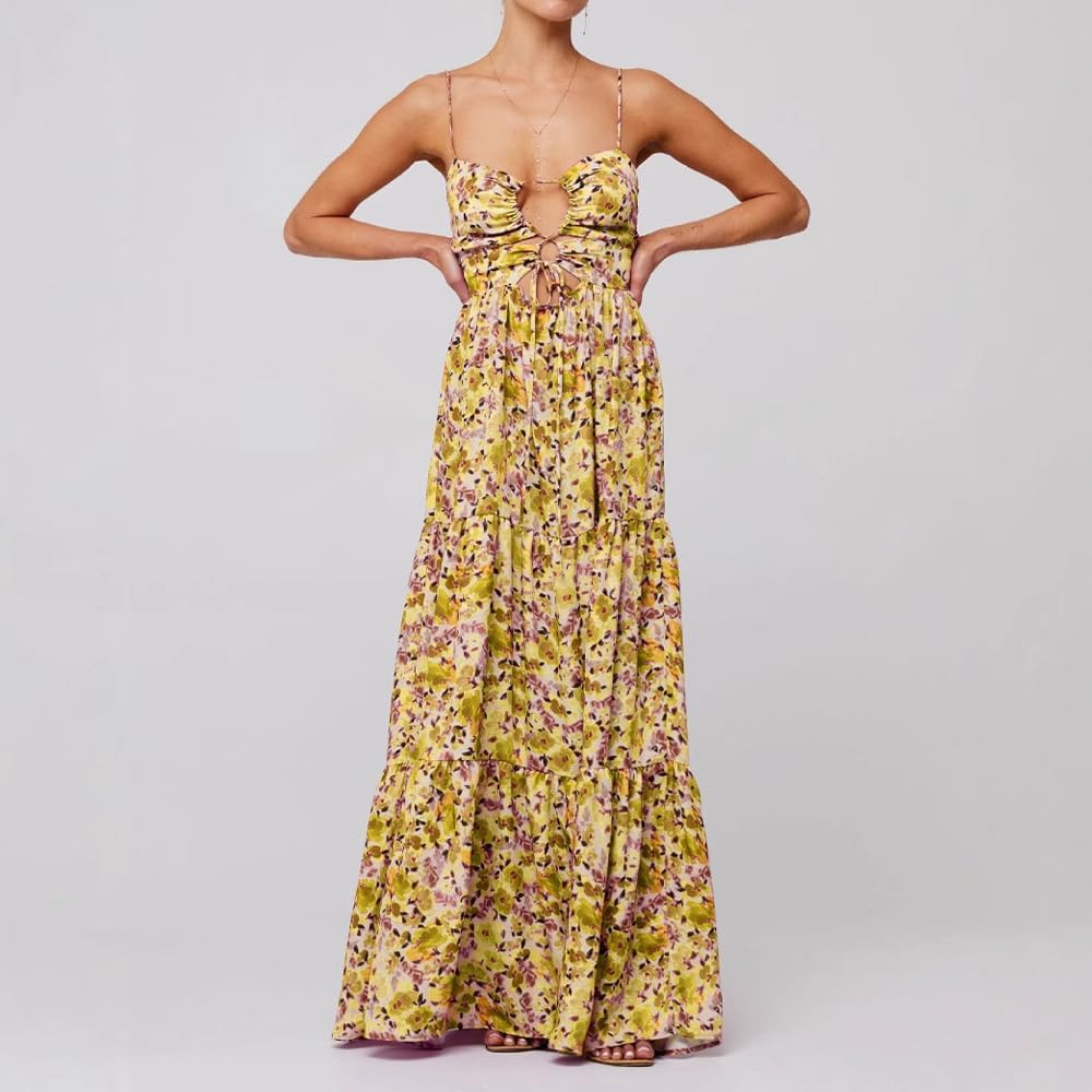 Women Floral Maxi Dress Tie Front Cut Out Backless Boho Spaghetti Strap Summer Beach Sundress