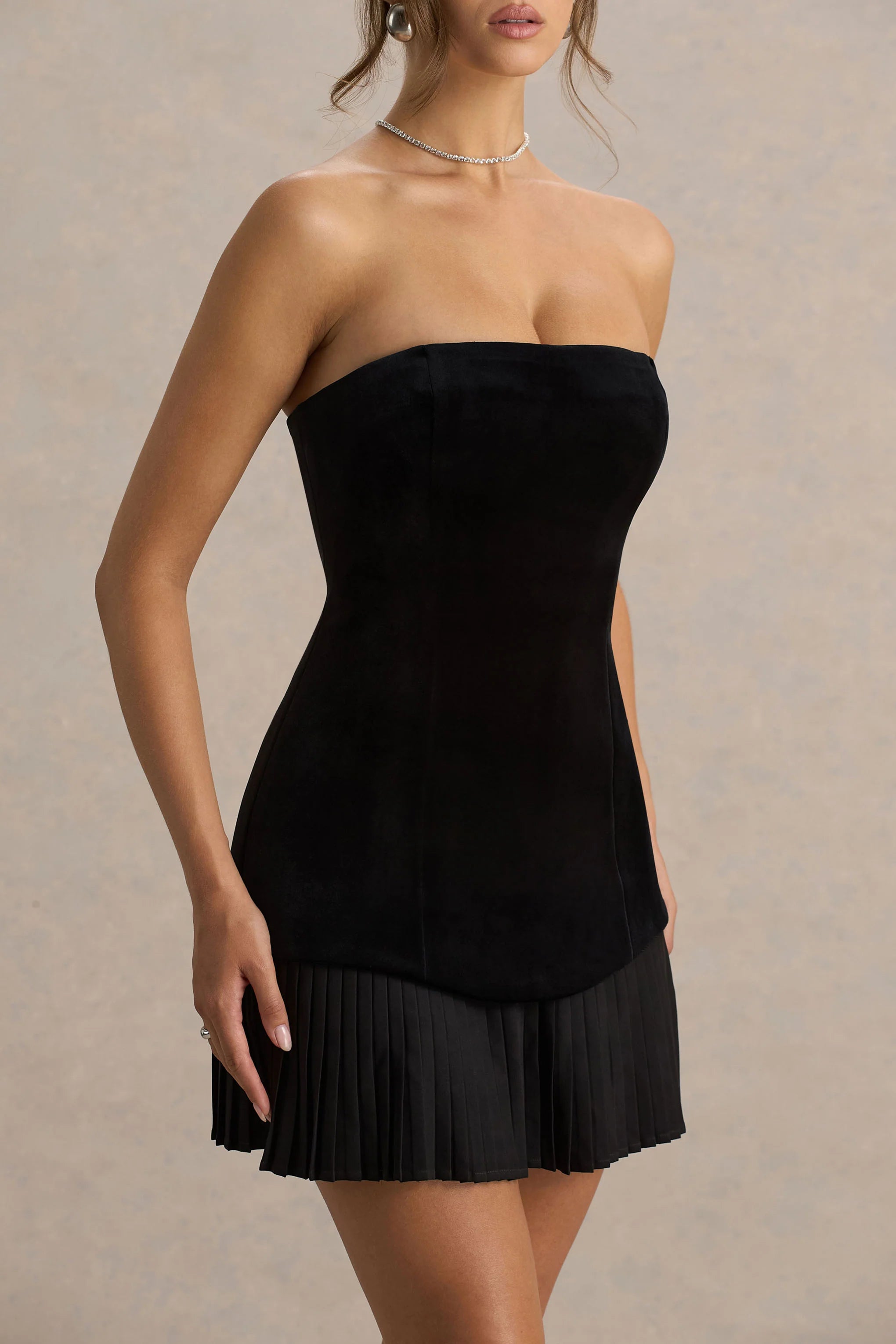 Valentina Black Velvet Bandeau Mini Dress With Pleated Detailing
