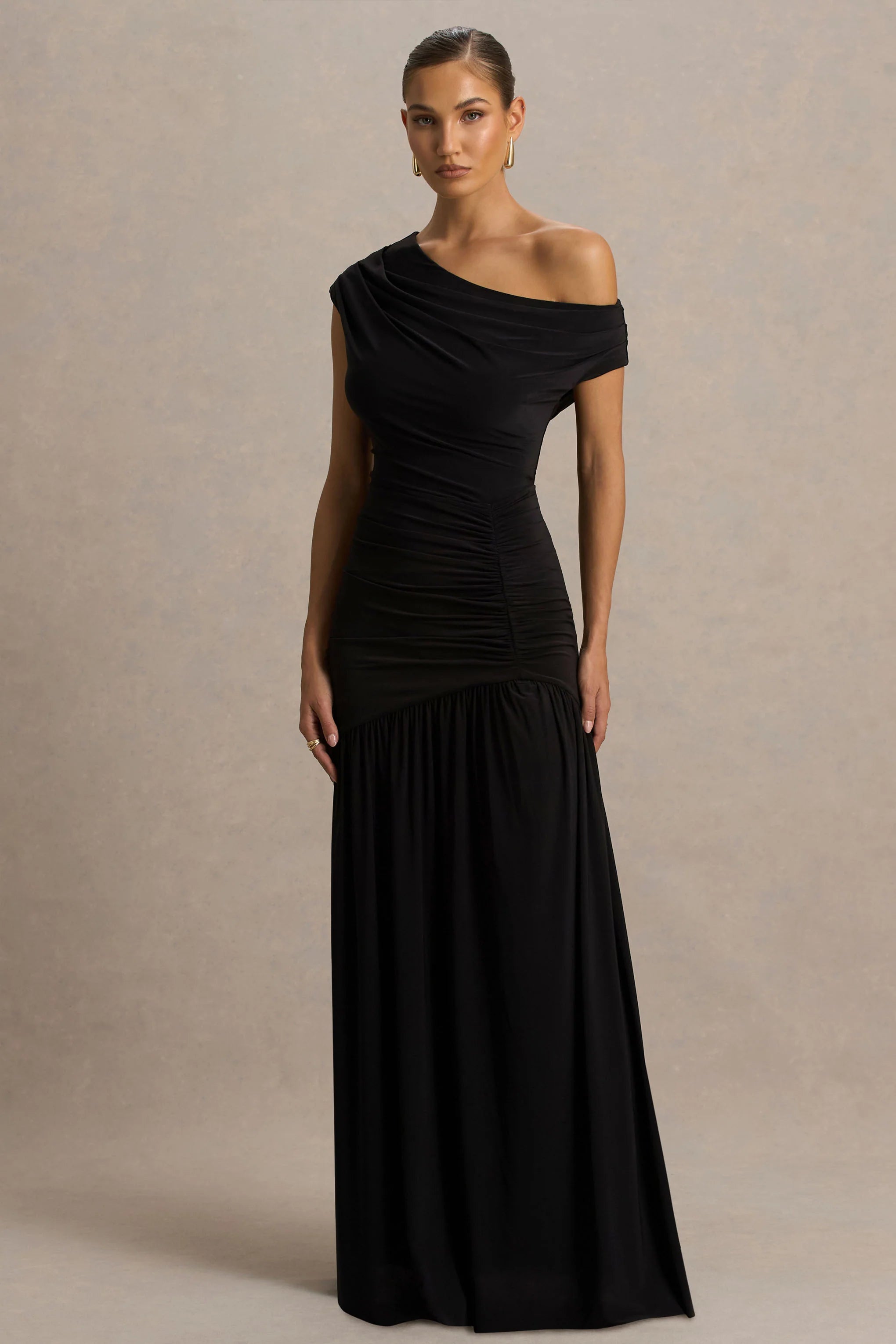 Kady Black Asymmetric Neck Maxi Dress With Ruched Detailing and Front High Split