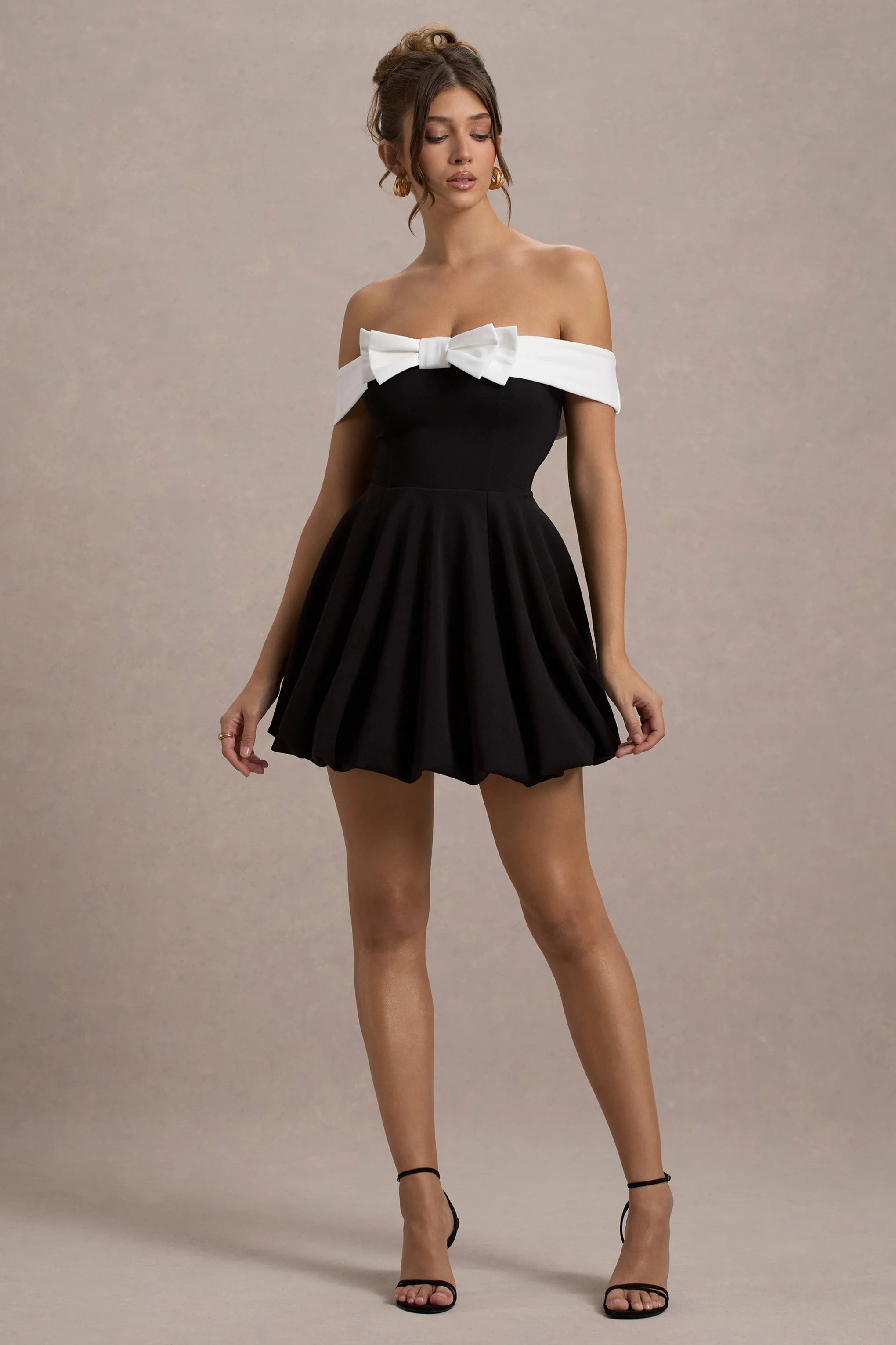 Minimoiselle Black White Bow Bardot Mini Dress With Puff Ball Skirt