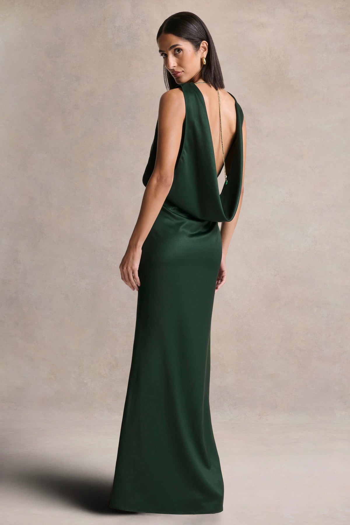 Stacey Dark Green Slashed Neck Maxi Dress With Open Back And Embellished Detail