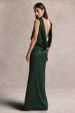 Stacey Dark Green Slashed Neck Maxi Dress With Open Back And Embellished Detail
