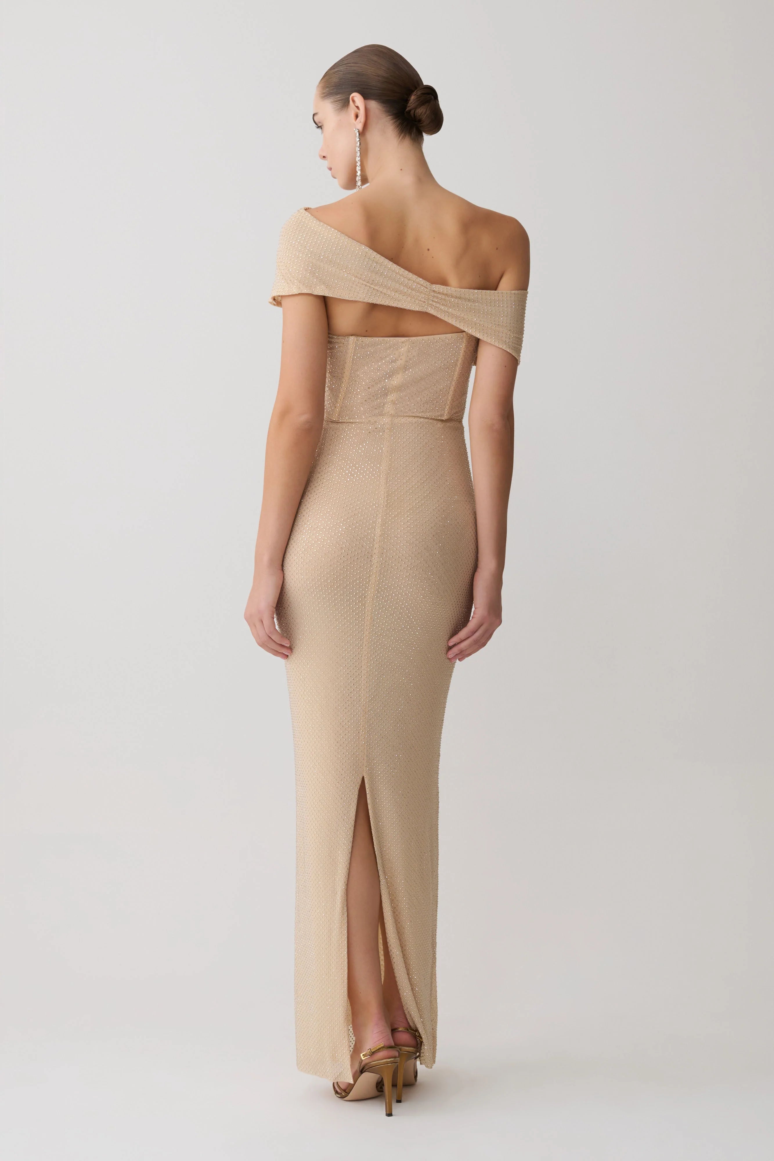 Phi Multi Wear Cowl Diamante Maxi Dress Gold