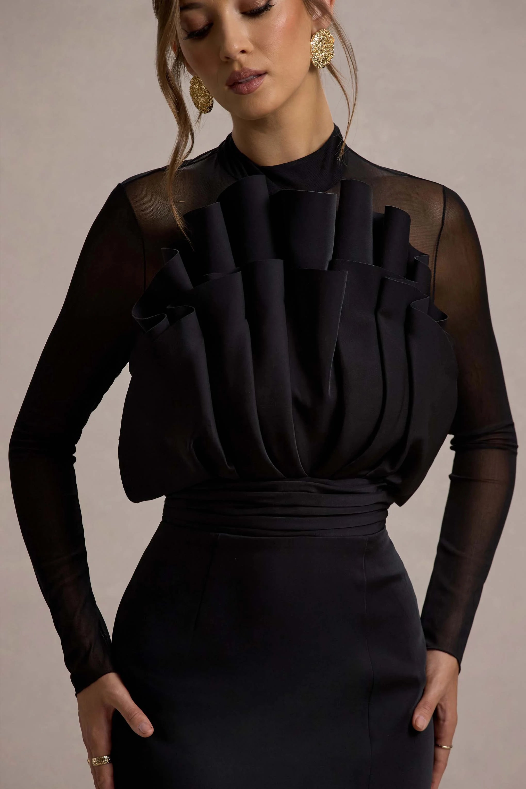 Alder Black Mesh Long Sleeve Ruffled Split Maxi Dress