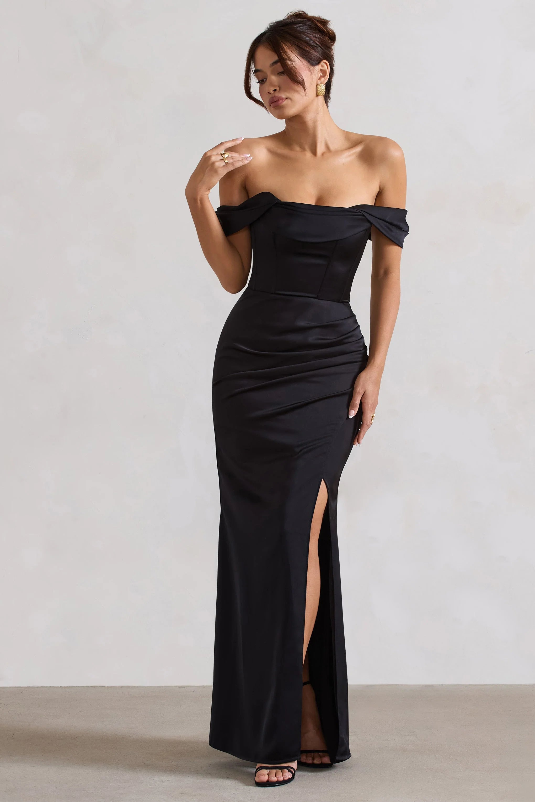 Kimberly Black Bardot Satin Maxi Dress