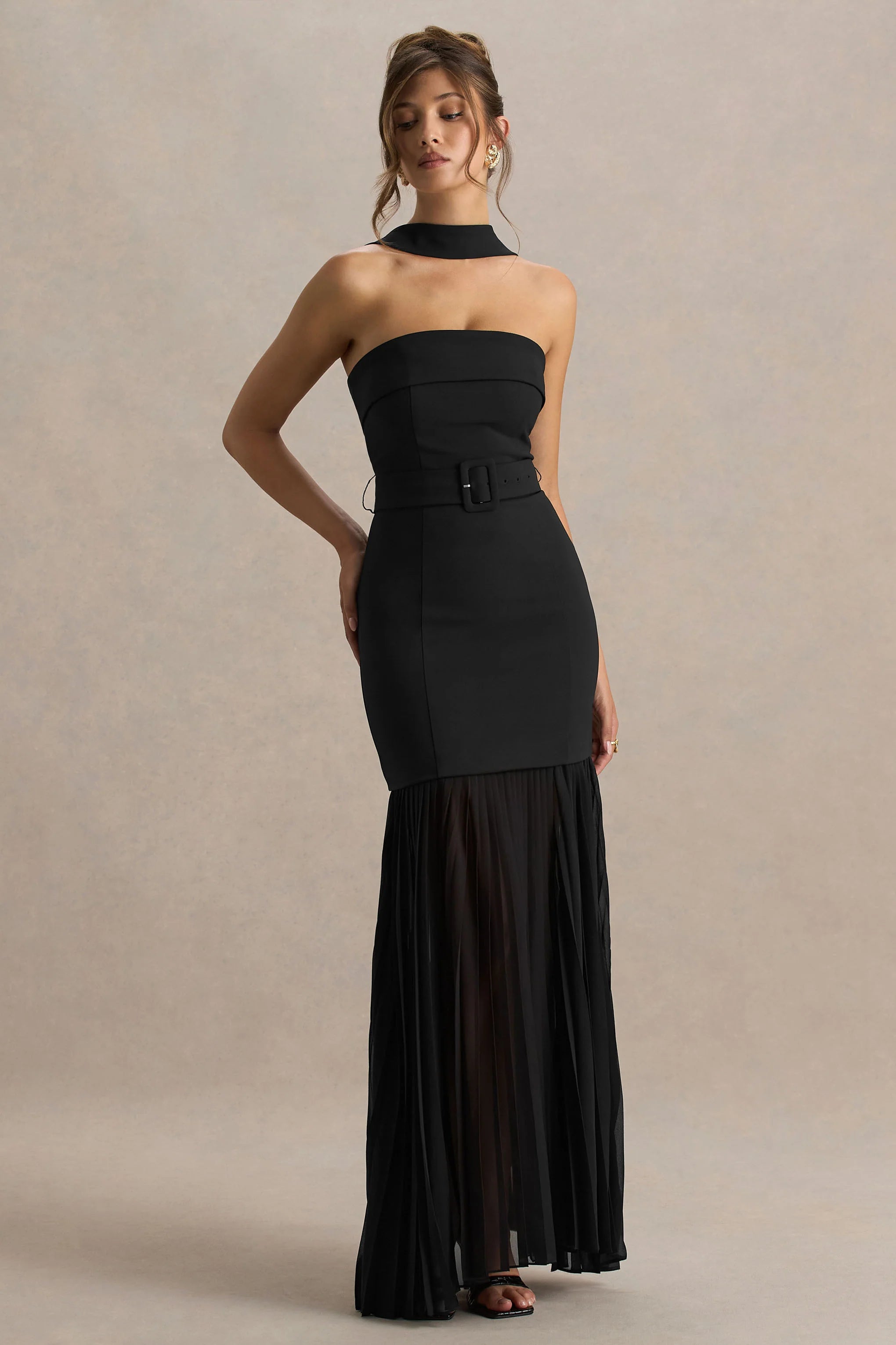 Jaquetta Black Belted Maxi Dress With Pleated Chiffon Skirt