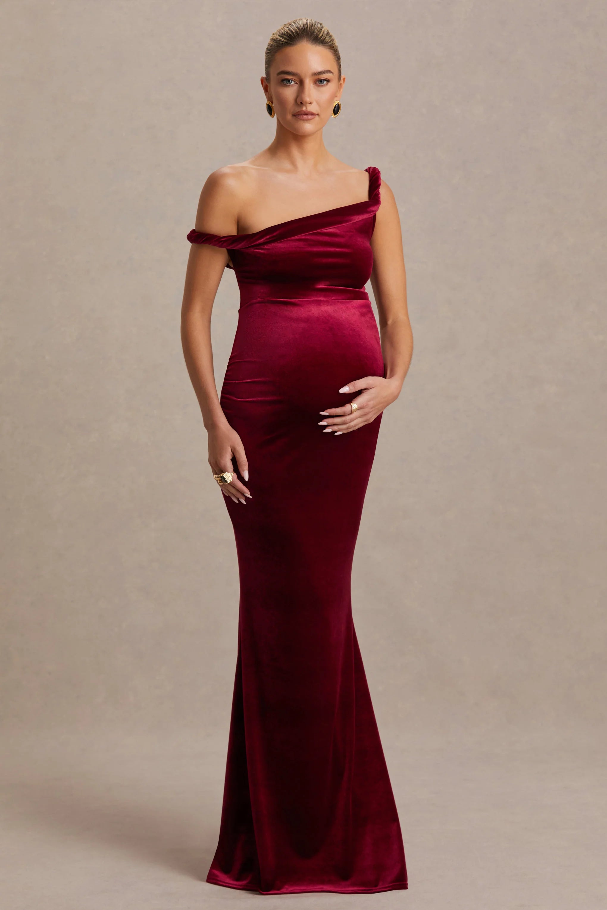 Tallulah Burgundy Velvet Asymmetric Neck Maternity Maxi Dress With Twist Sleeve