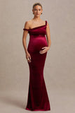 Tallulah Burgundy Velvet Asymmetric Neck Maternity Maxi Dress With Twist Sleeve