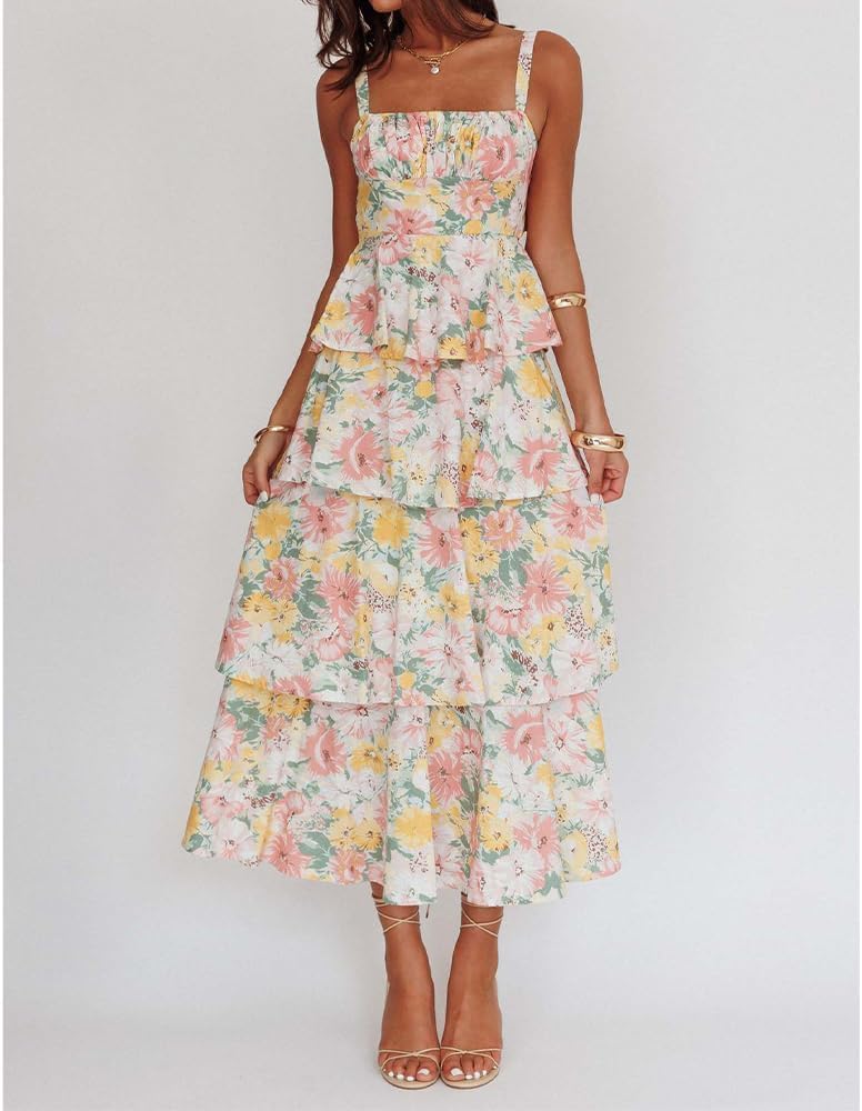 Women Floral Maxi Dress Sleeveless Bow Back Tiered Boho Flowy Long Dresses Summer Fall