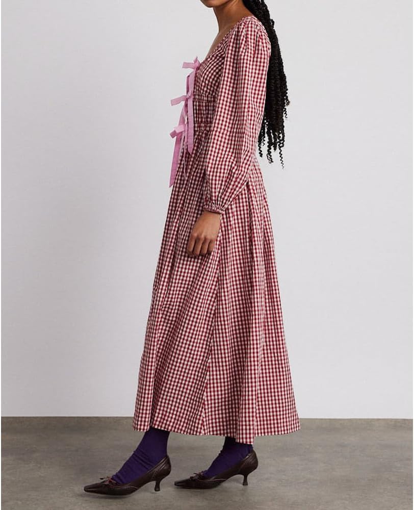 Women Plaid Maxi Dress Long Puff Sleeve Square Neck Flowy Boho Dress Bow Tie Smocked Fall Dresses