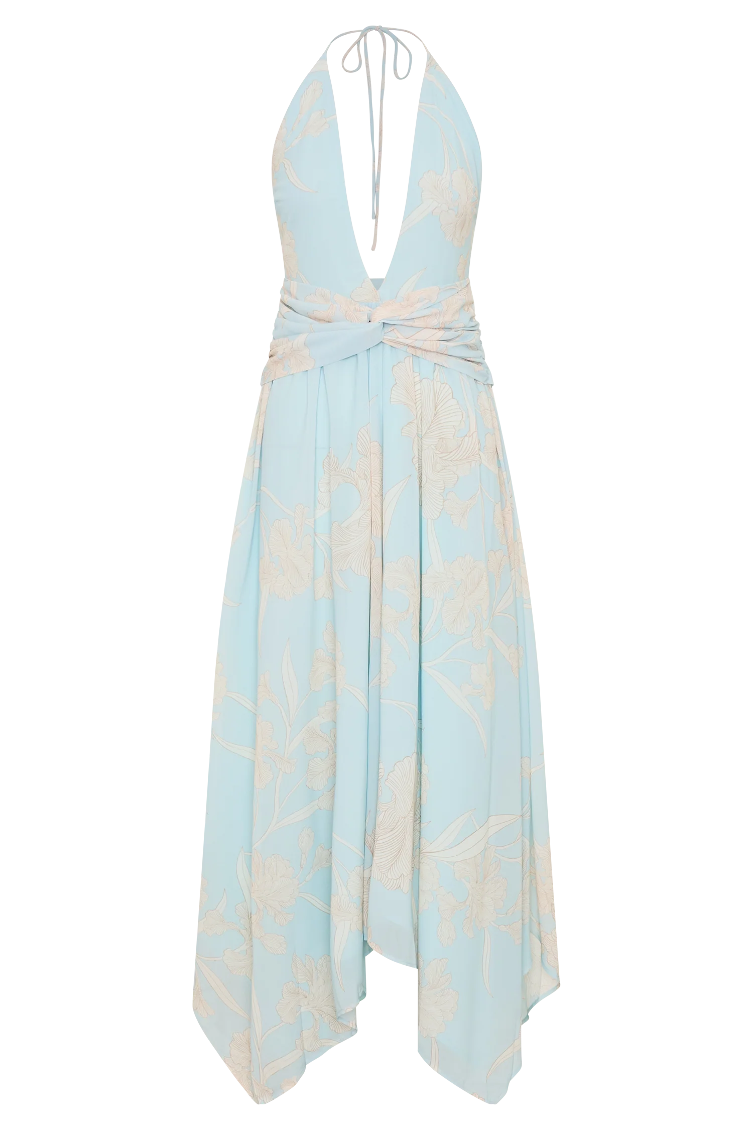 Cyra Plunge Chiffon Midi Dress Blue Floral Print