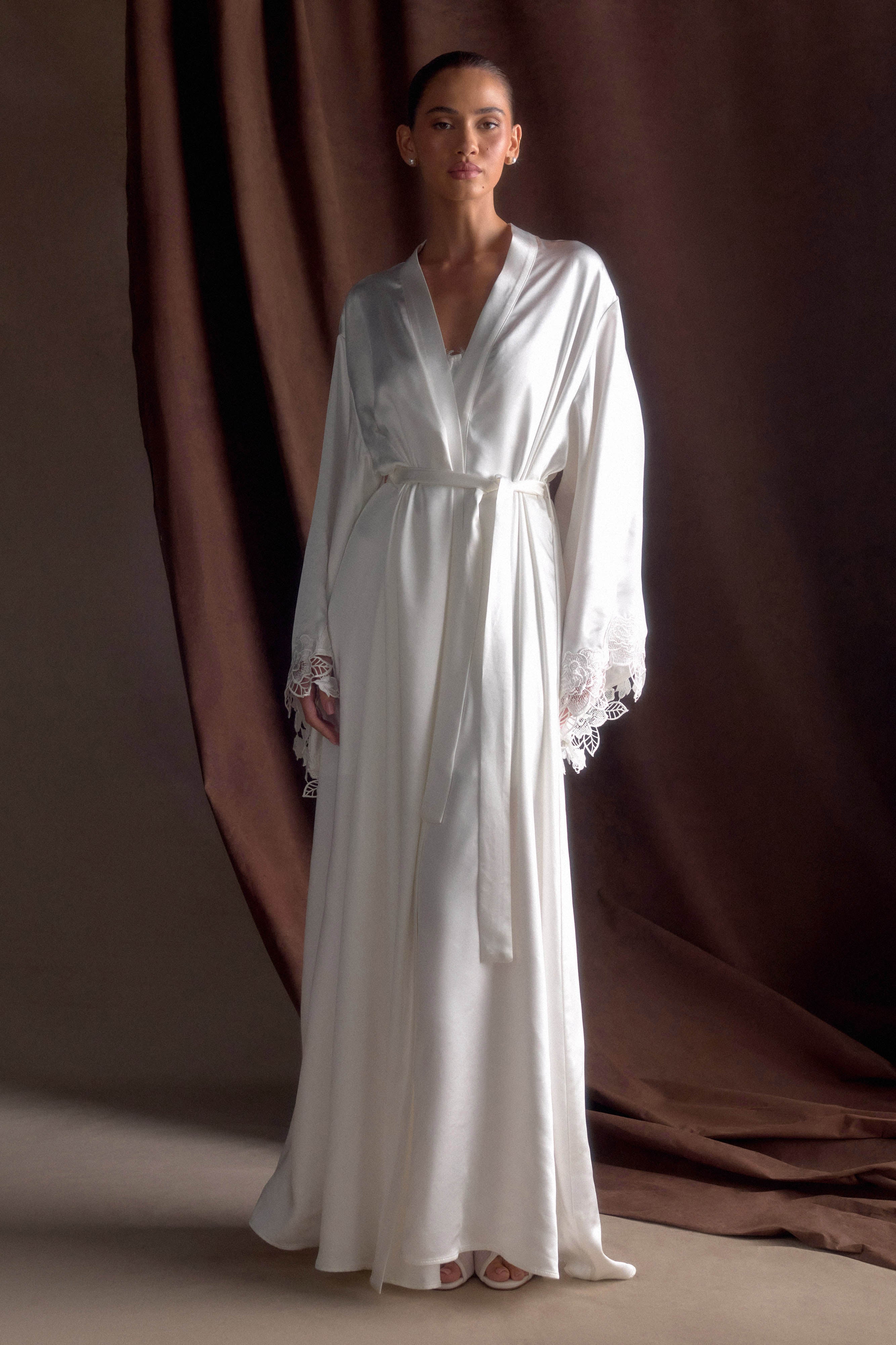 Sullivan Satin Bridal Robe With Lace Ivory