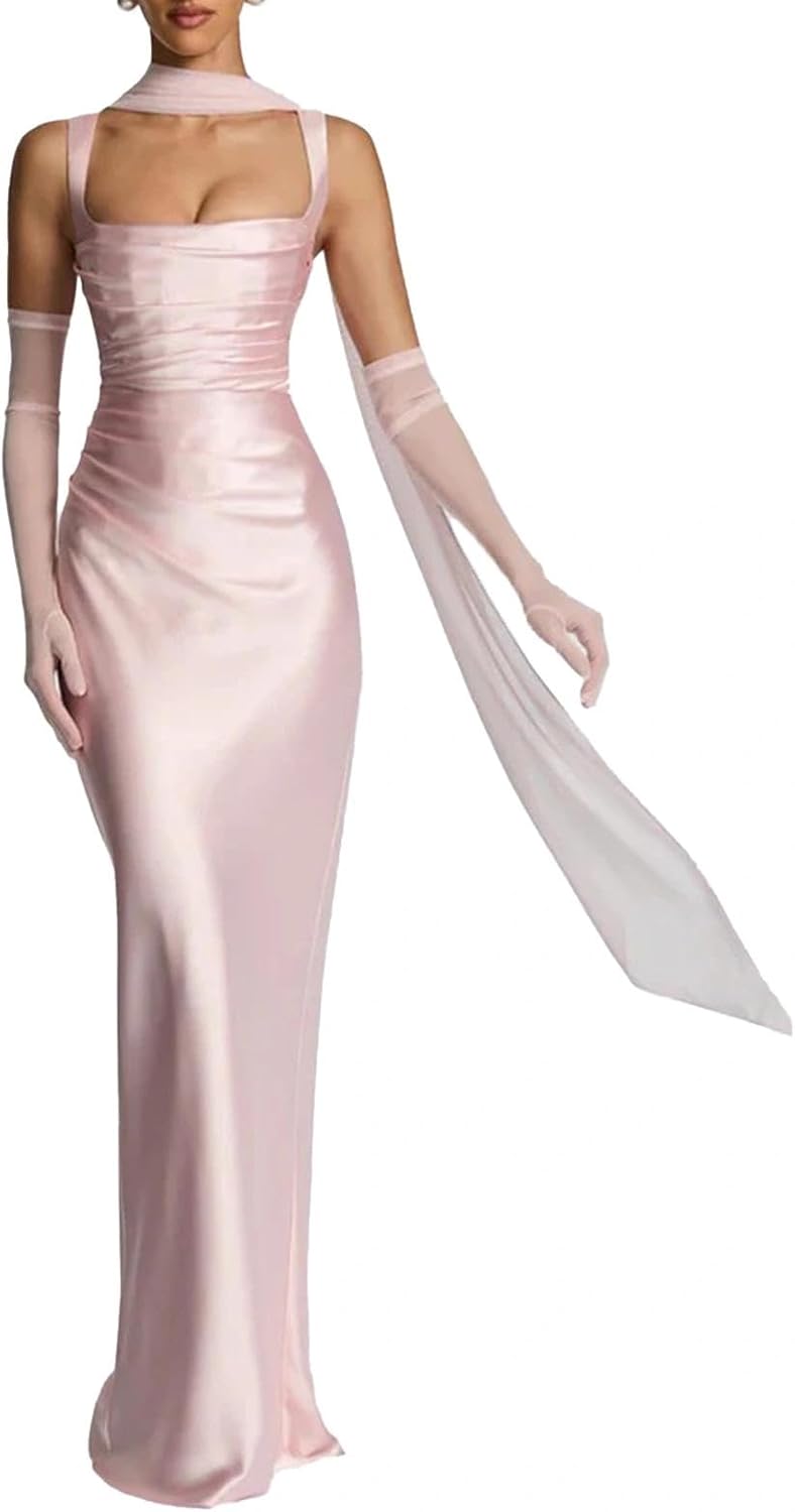 Women Wedding Guest Dress Satin Corset Top Elegant Maxi Dresses with Sheer Scarf Evening Gown
