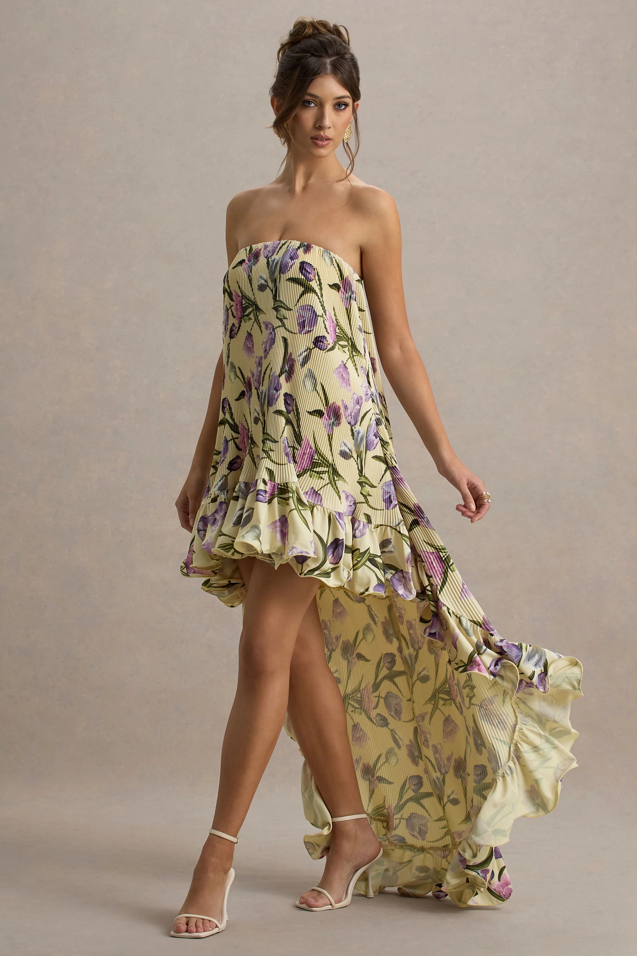 Whistler Tulip Floral Print Chiffon Bandeau High Low Ruffled Maxi Dress