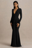 Saffie Black Extreme Plunge Wrap Maxi Dress With Long Sleeves And Ruched Detailing