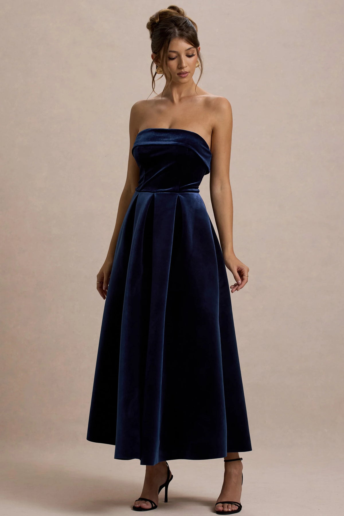 Addina Navy Velvet Bandeau Skater Midi Dress