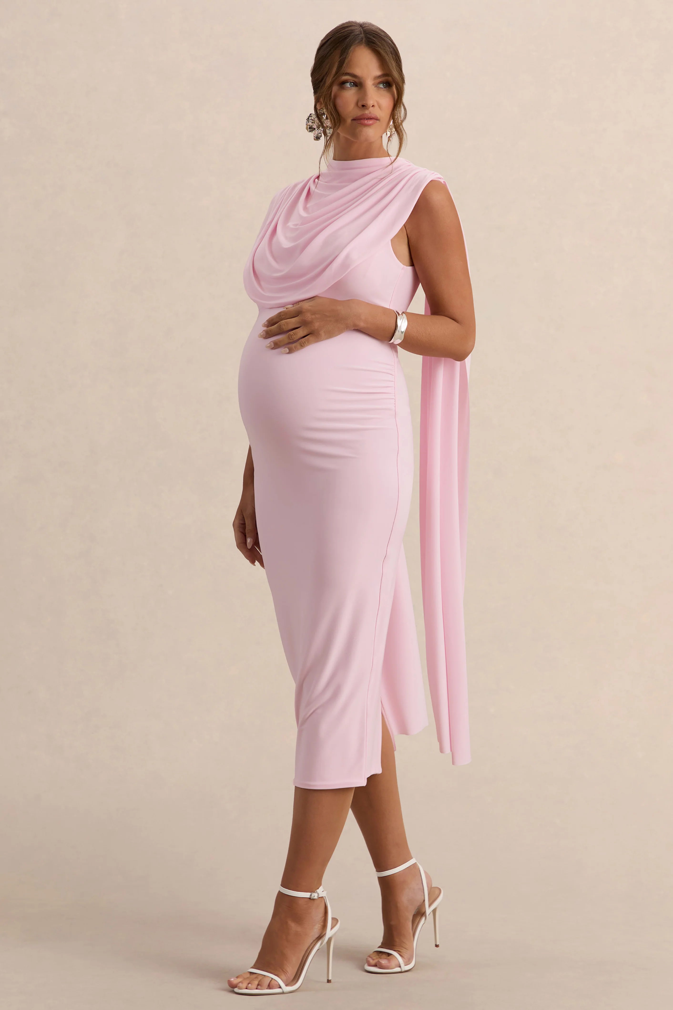 Milaine Light Pink Round Neck Maternity Midi Dress With Cape Sleeves