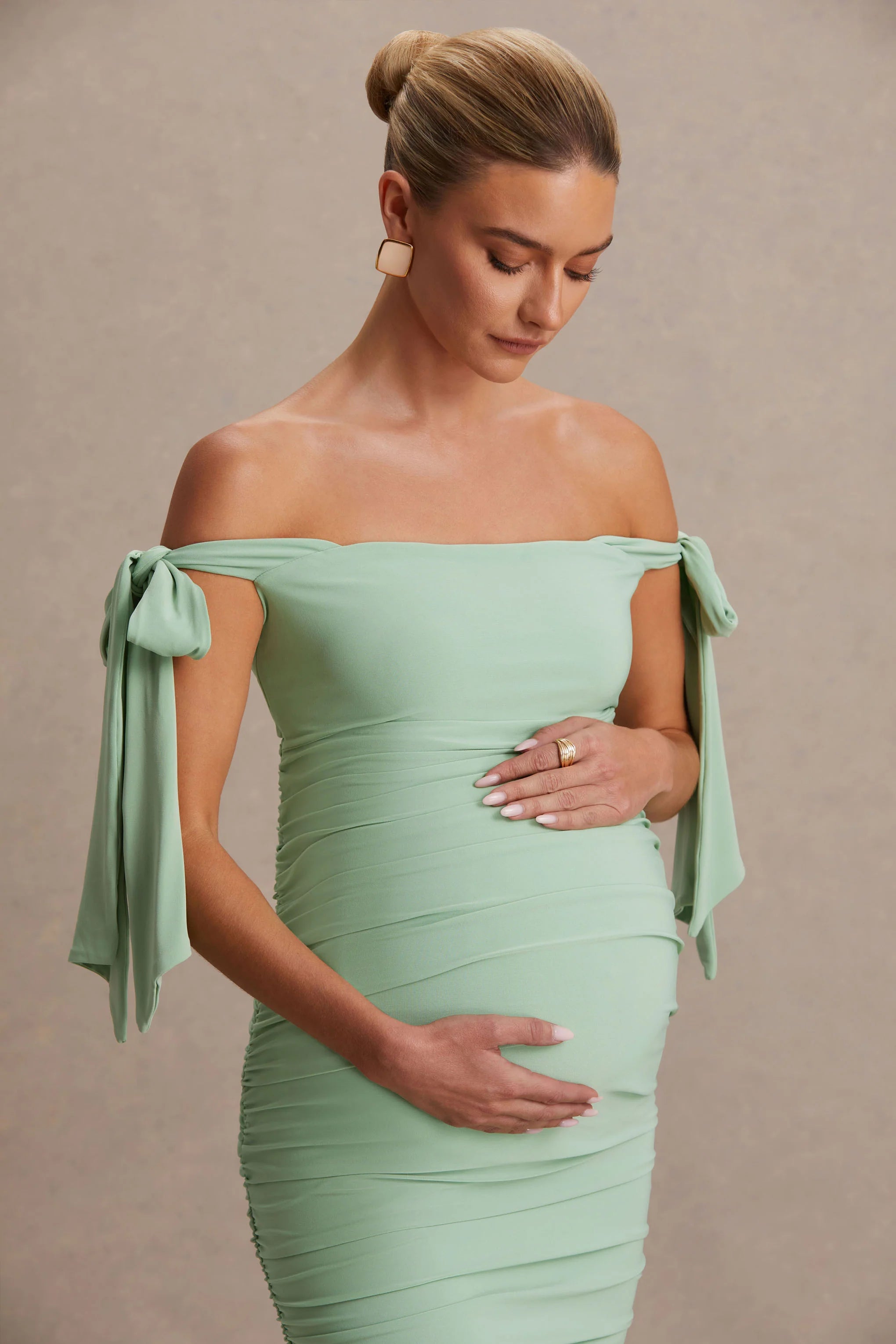 Chandelier Light Green Bardot Maternity Midi Dress With Bow Details