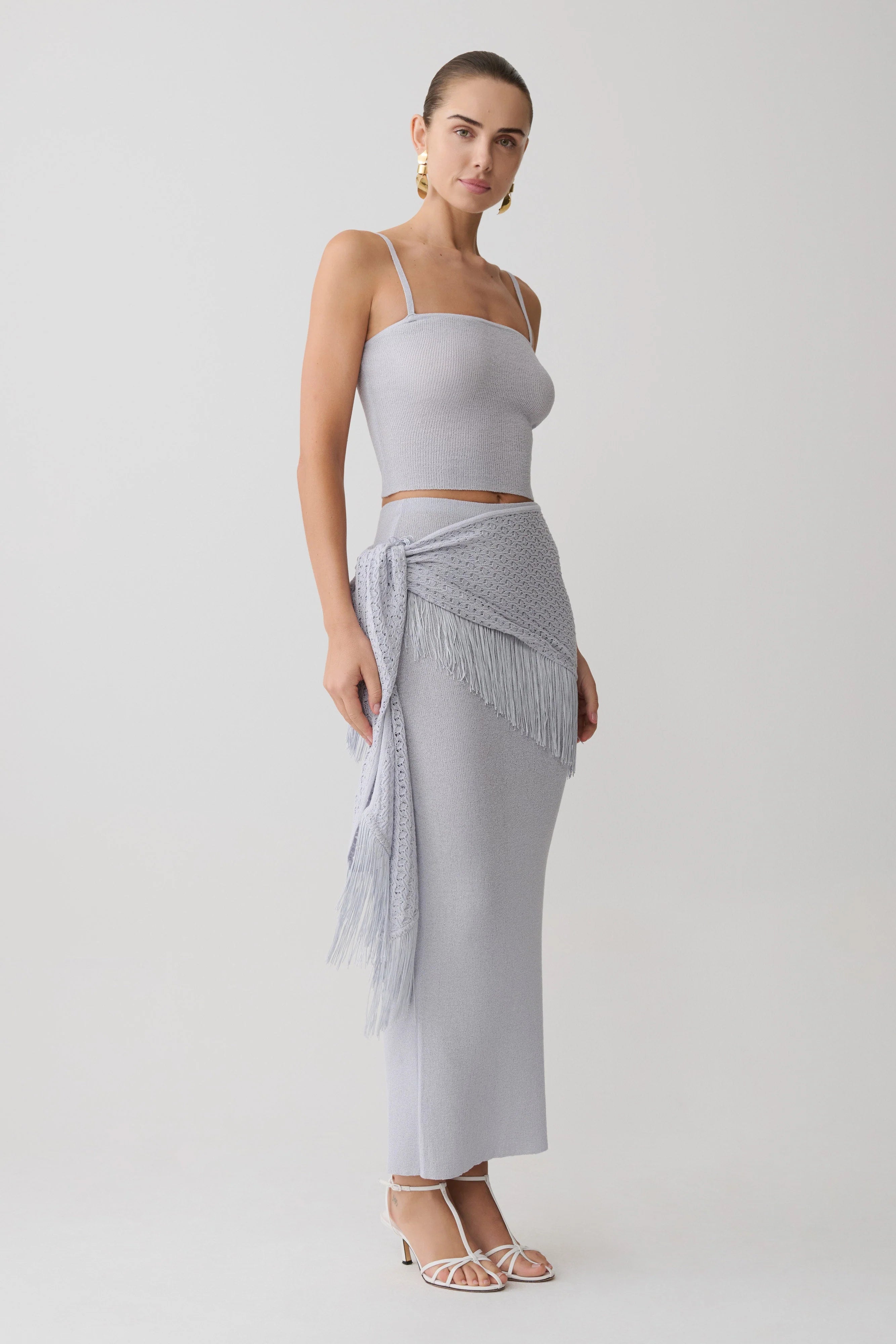 Jaytee Knit Maxi Skirt With Fringe Tie Sky Blue