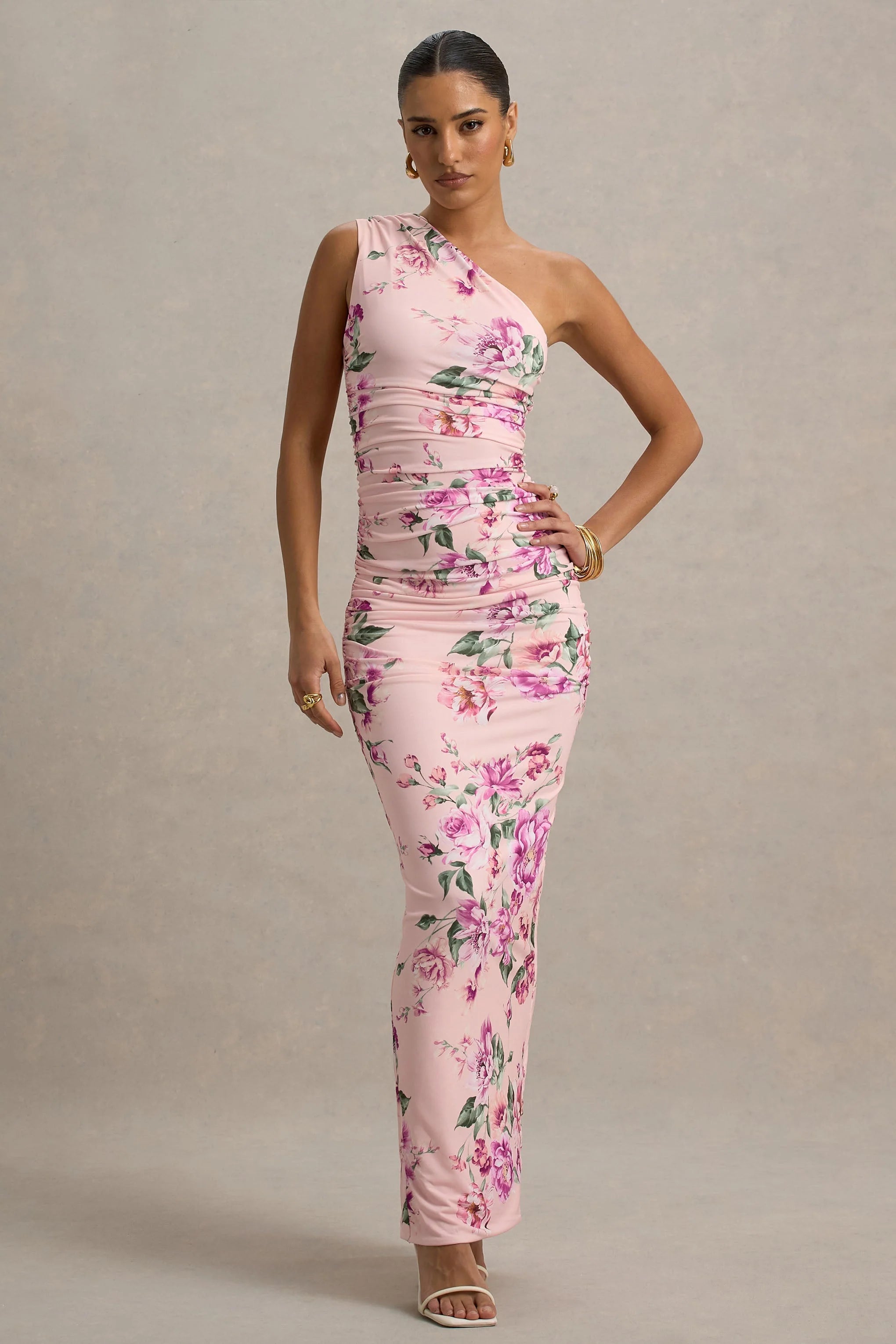 Dalarie Pink Floral Print One Shoulder Gathered Maxi Dress
