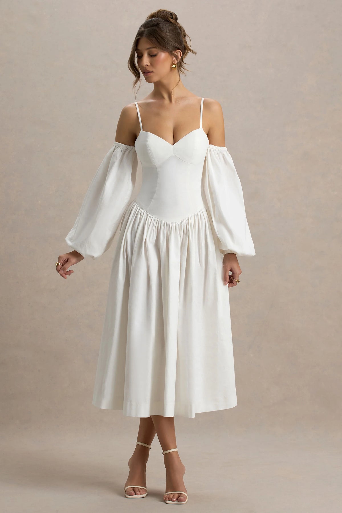 Macie Cream Sweetheart Midi Dress With Balloon Sleeves