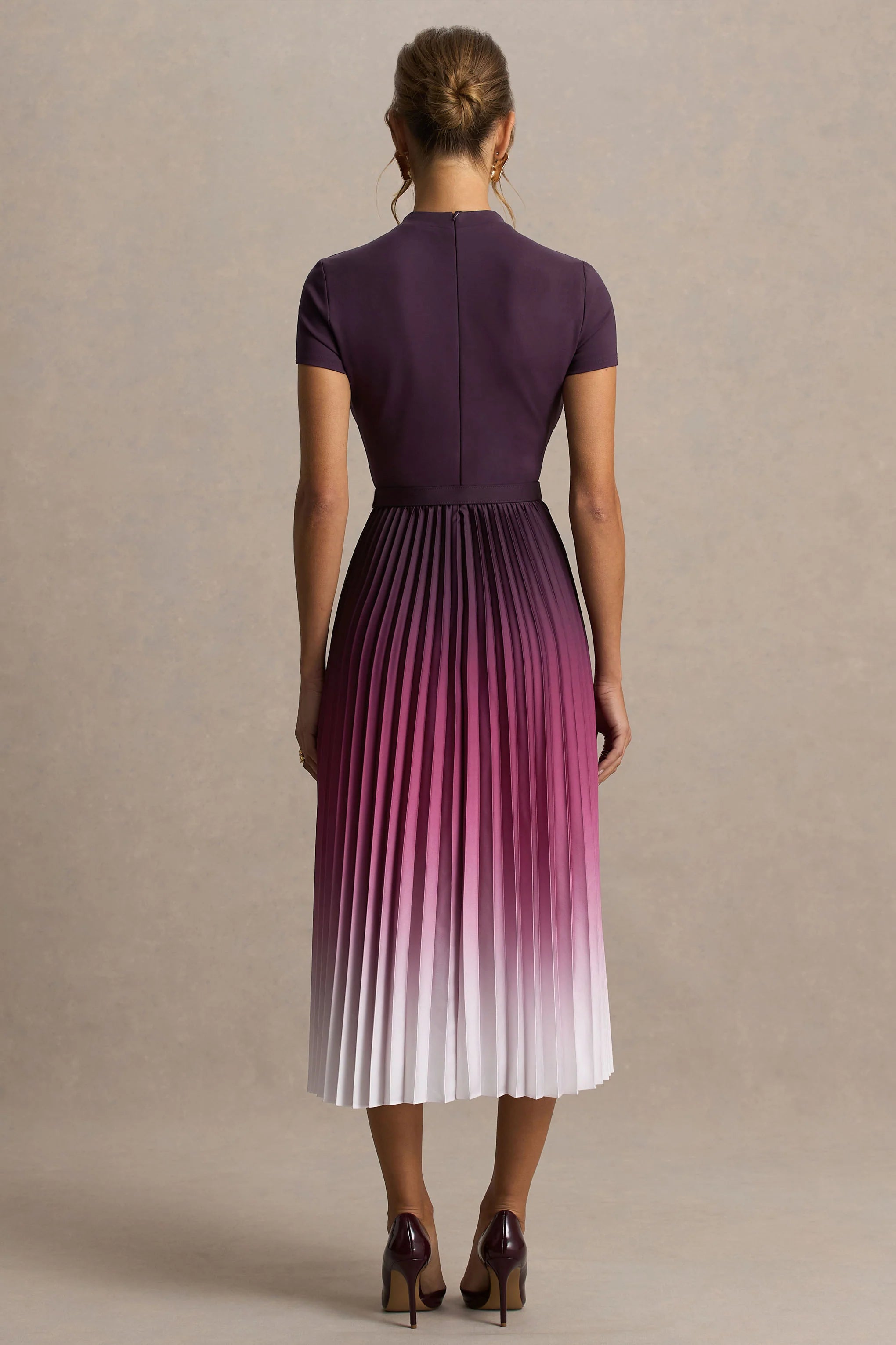 Libby Burgundy Ombre Woven High Neck Midi Dress With Pleated Detailing