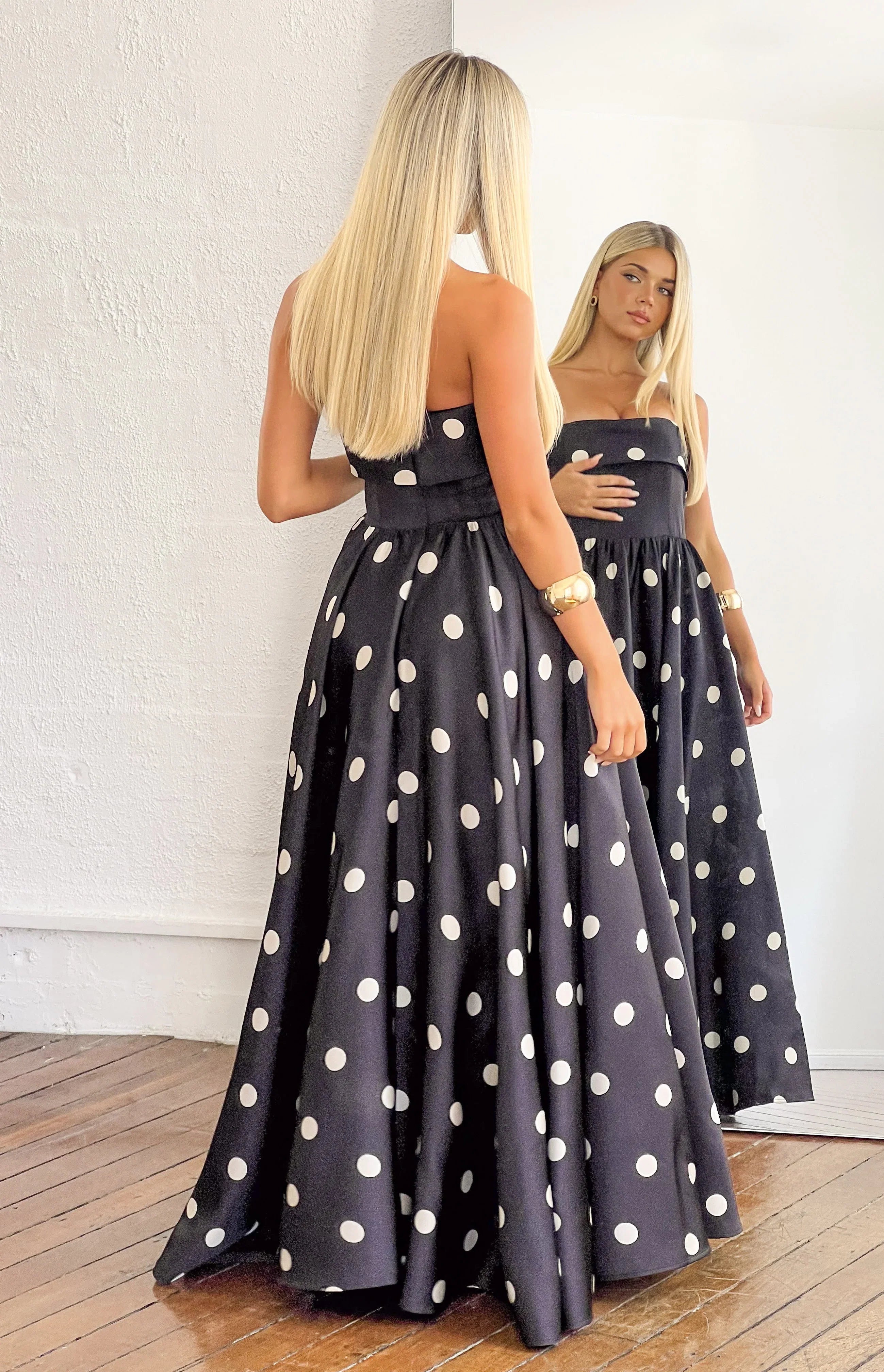 Julianne Strapless Polka Dot Satin Maxi Dress - PRE ORDER