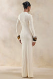 Karessa Cream High Neck Maxi Dress With Gathered Detailing And Front High Split