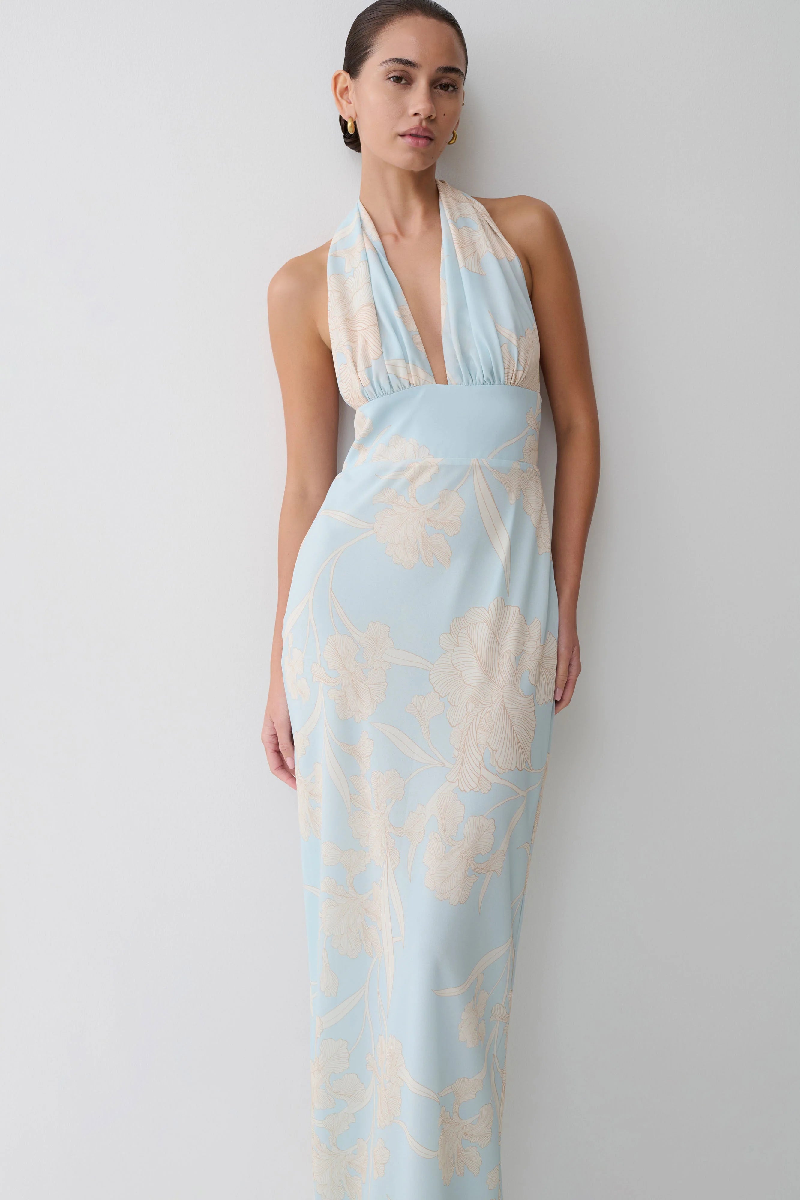 Nadine Halter Scarf Chiffon Maxi Dress Blue Floral Print