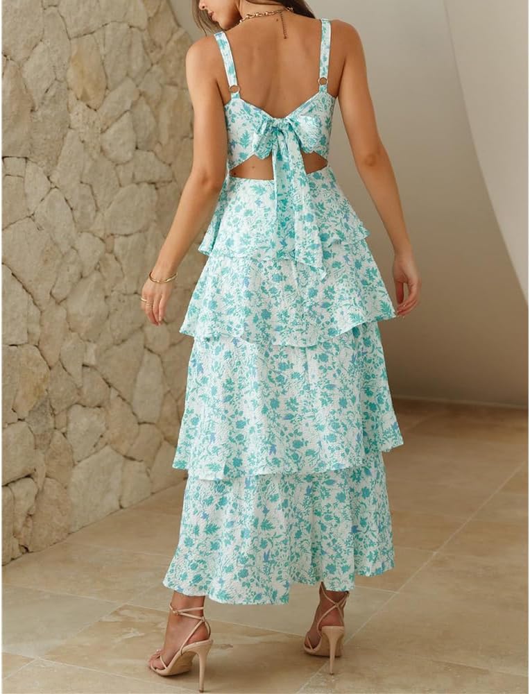 Women Floral Maxi Dress Sleeveless Bow Back Tiered Boho Flowy Long Dresses Summer Fall