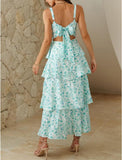 Women Floral Maxi Dress Sleeveless Bow Back Tiered Boho Flowy Long Dresses Summer Fall