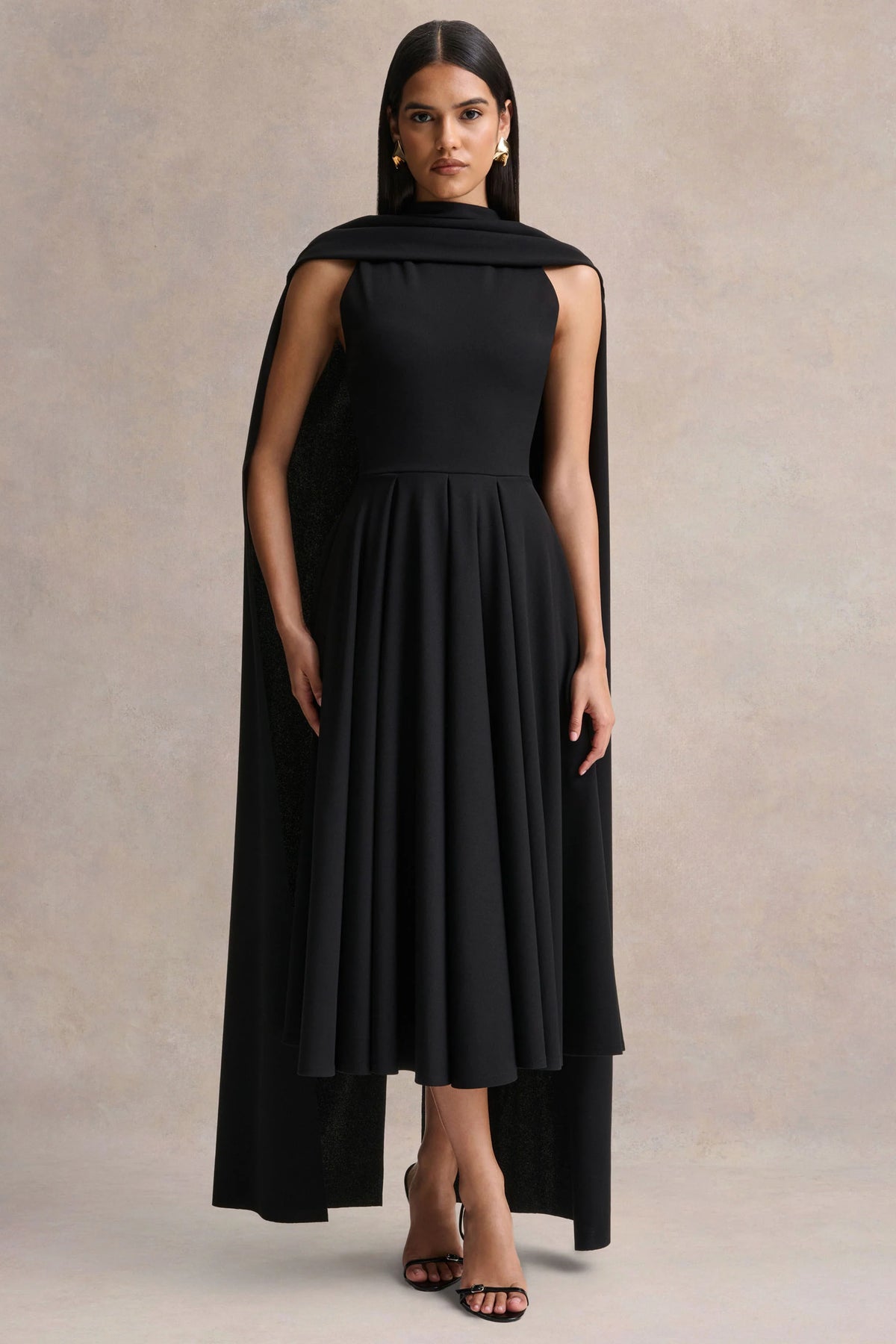 Nova Black High Neck Midi Dress With Cape Sleeves