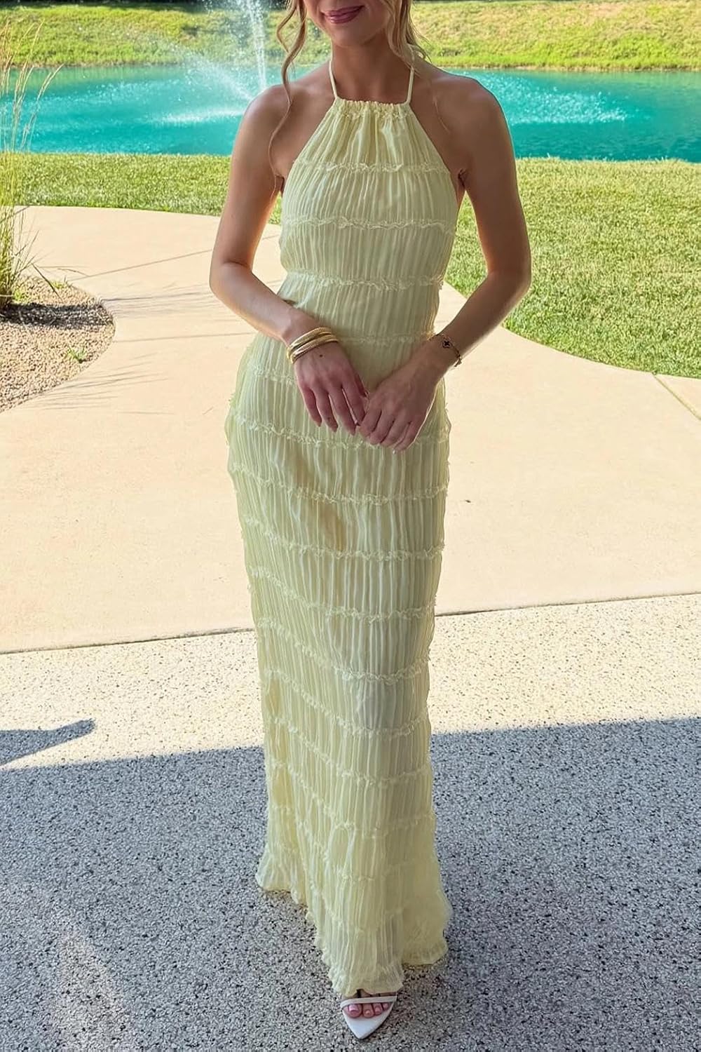 Women Backless Dress Sleeveless Textured Halter Open Back Maxi Dresses Vacation Wedding Guest