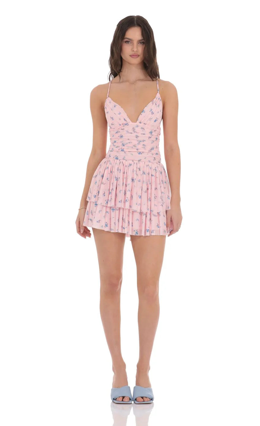 Floral Mesh Tiered Dress in Pink
