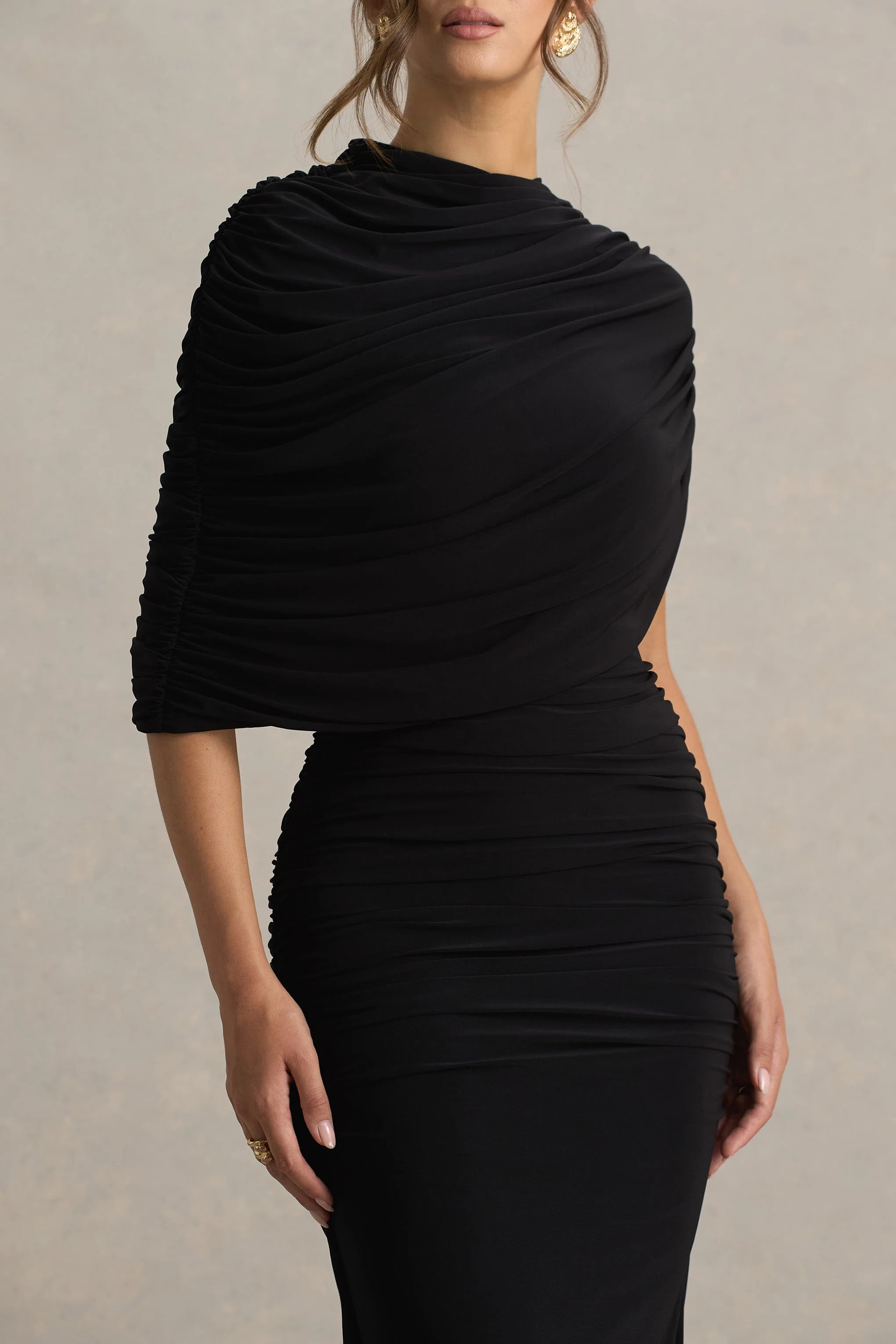 Glitz Black High Neck Maxi Dress With Cape Sleeve and Ruched Detail