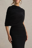 Glitz Black High Neck Maxi Dress With Cape Sleeve and Ruched Detail