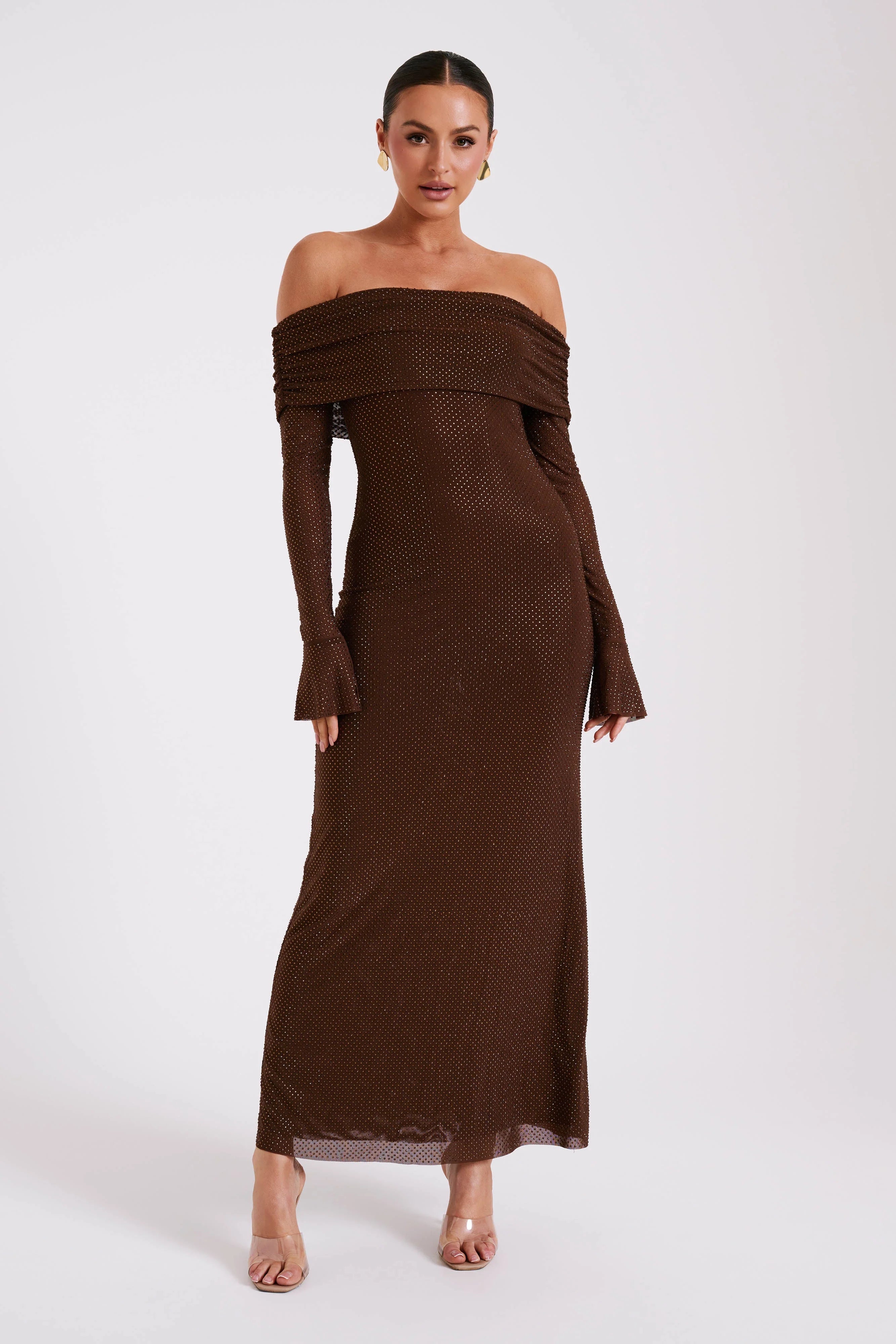 Marcel Off Shoulder Diamante Maxi Dress Chocolate