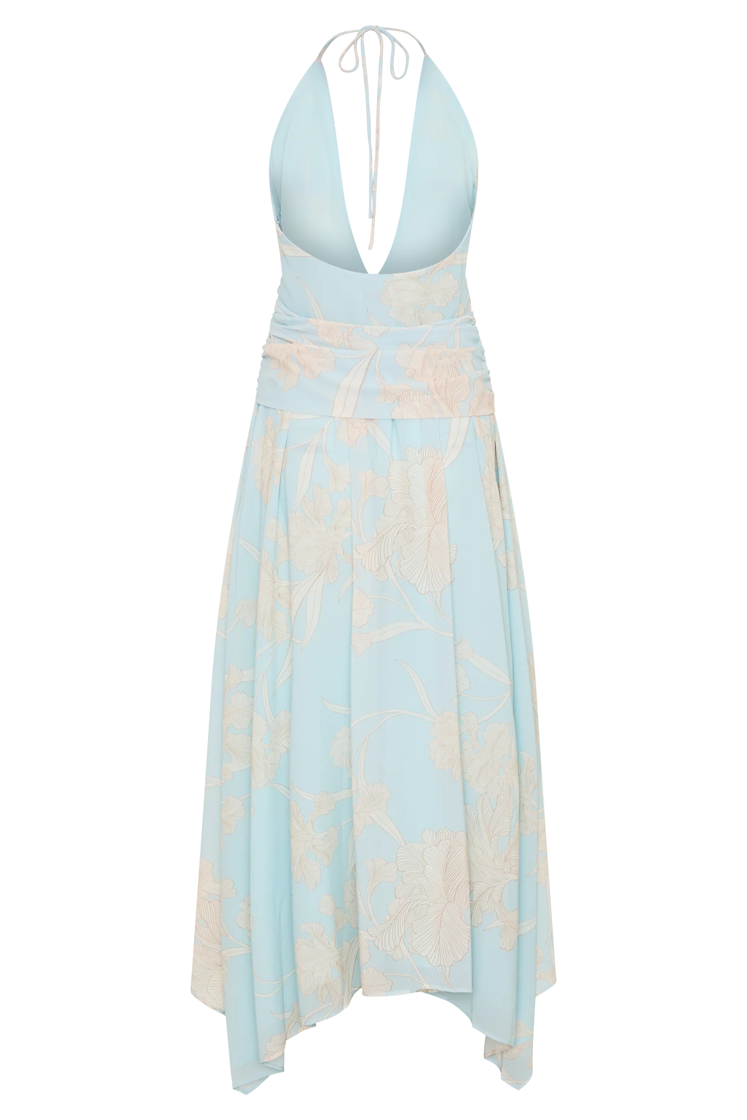 Cyra Plunge Chiffon Midi Dress Blue Floral Print