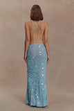 Carmen Crochet Sequin Maxi Open Back Dress Blue