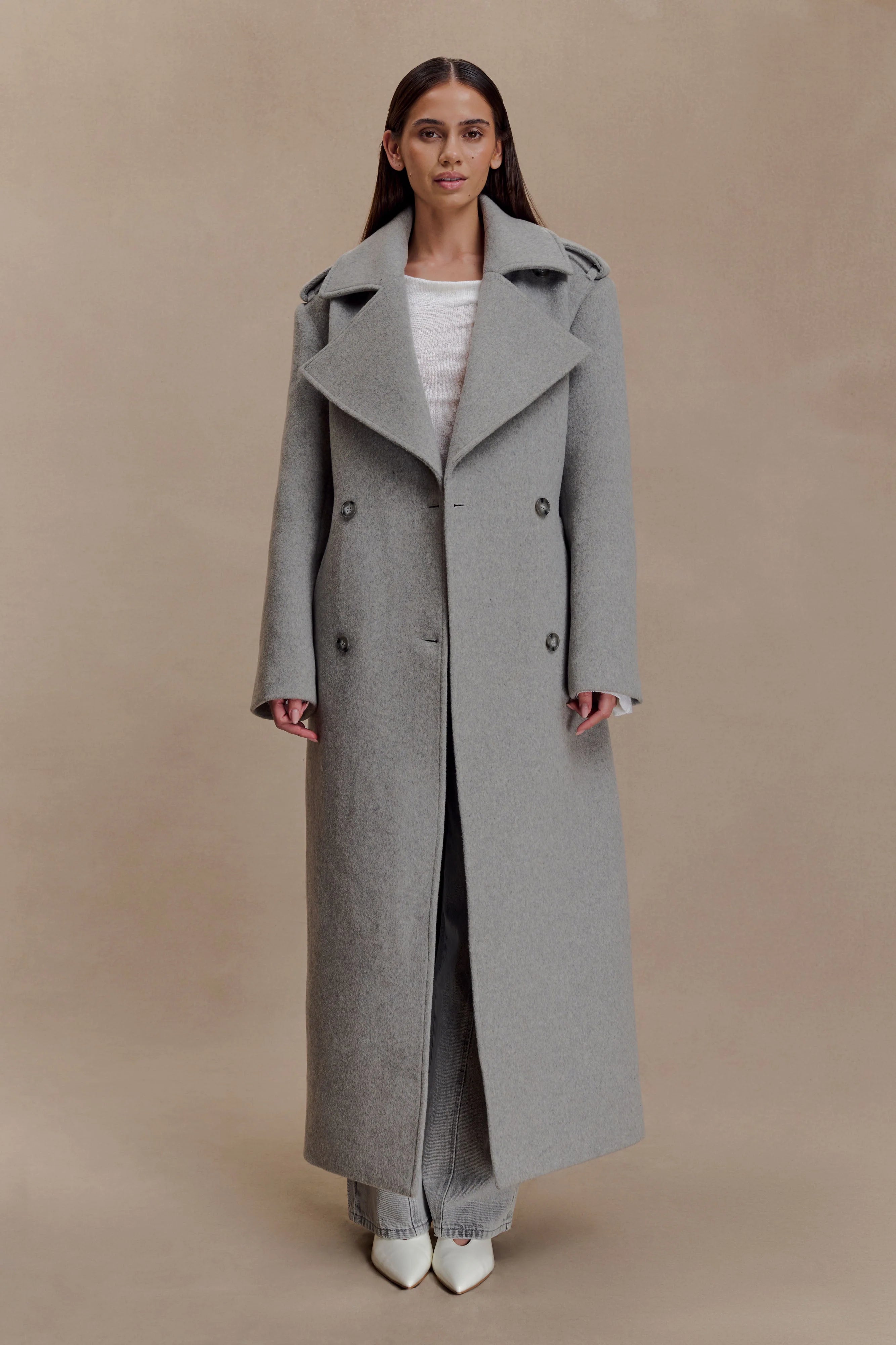 Levi Long Trench Wool Coat Grey Marle